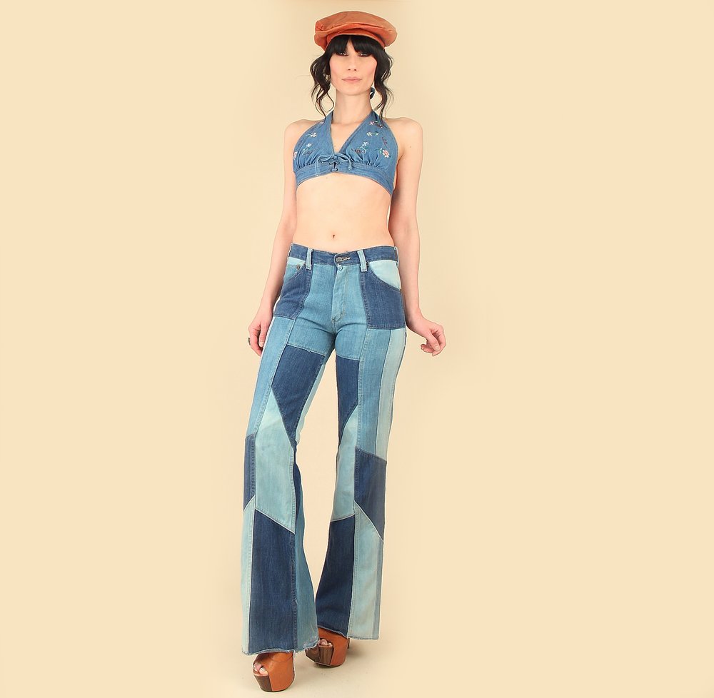 Vintage 70s High Waisted Bell Bottoms // Patchwork Dark Denim 