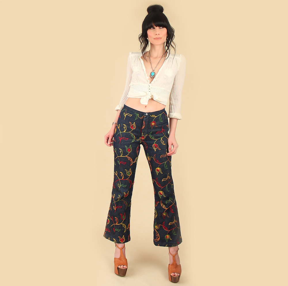 Rare! AF 70's Embroidered Lady Wrangler // Cropped Vintage 70s High Mini  Bell Bottoms // Floral embroidery Denim Jeans — Hellhound Vintage