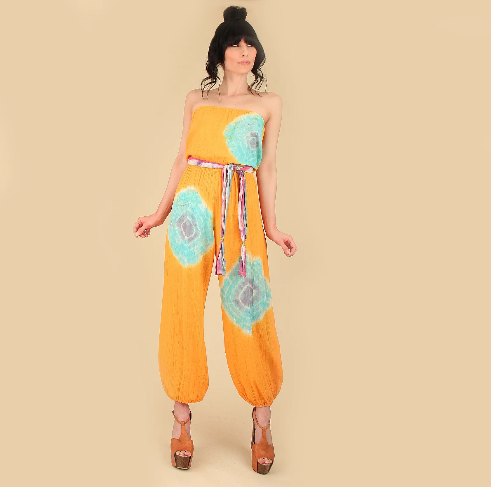 vintage gauze cotton jumsuit 70s 80s womens bohemian vintage clothing tie dye hellhound vintage hellhoundvintage tie dyed boho fashion summer resort harem genie pants
