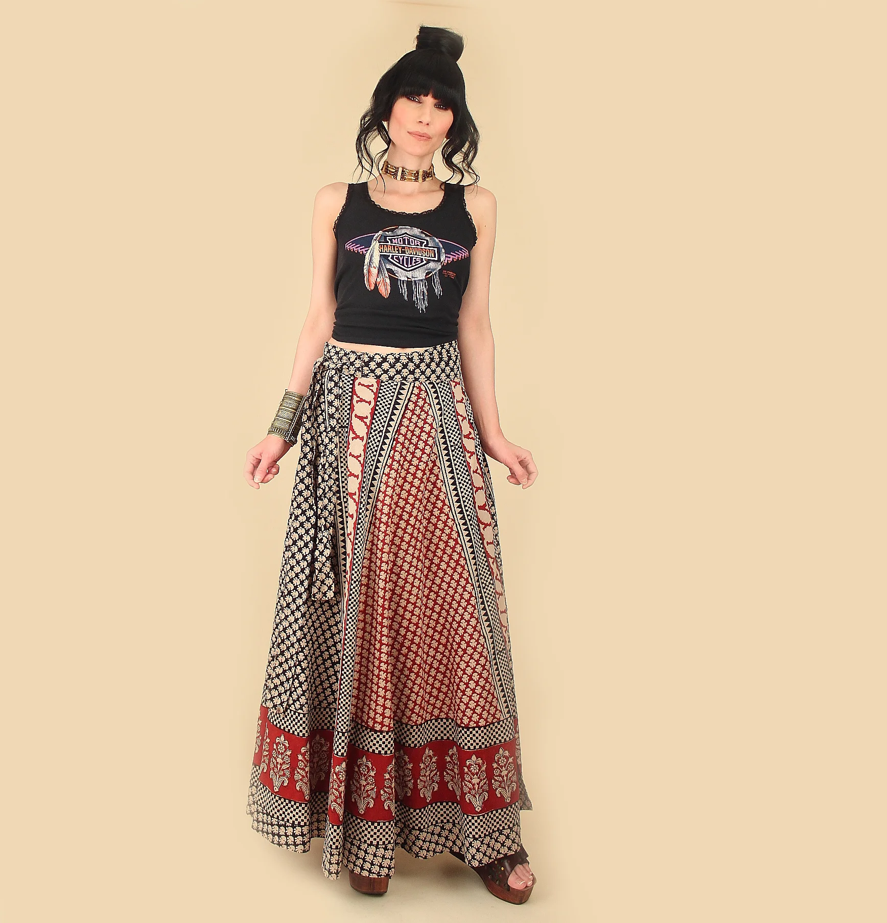 woodstock era fashion vintage clothing clothes indian cotton hand block printed wrap maxi skirt bias cut skirt hellhound vintage hellhoundvintage