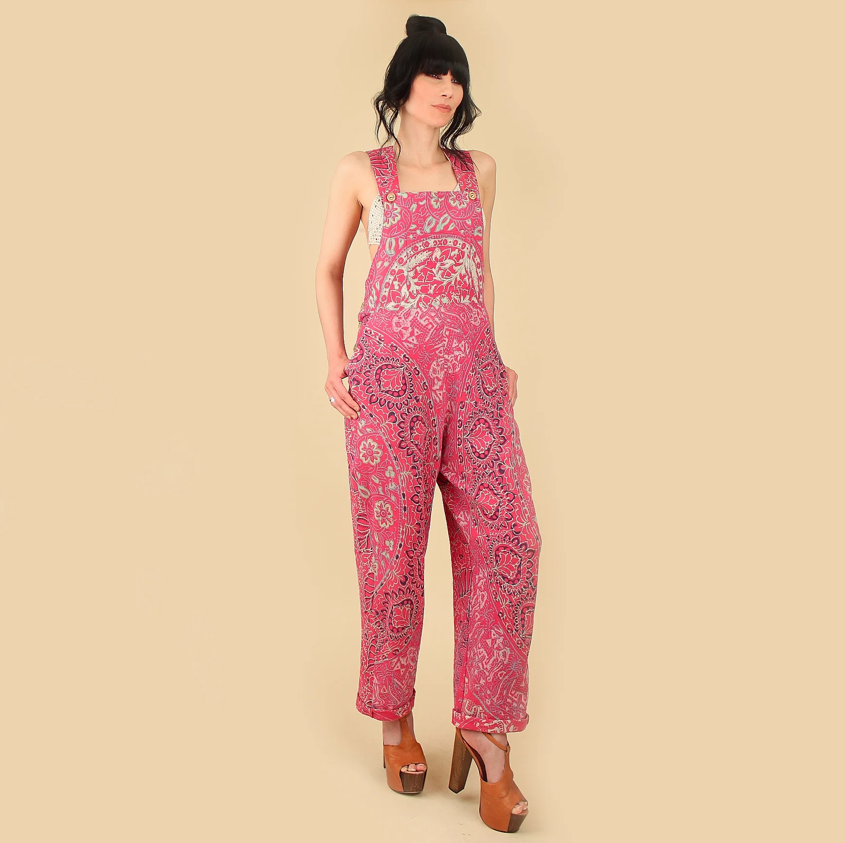 Copy of vintage bib overalls 60s indian gauze cotton mandala hellhound vintage hellhoundvintage bohemian beach boho summer 70s hand block print vintage clothing clothes made in Los Angeles California hippie