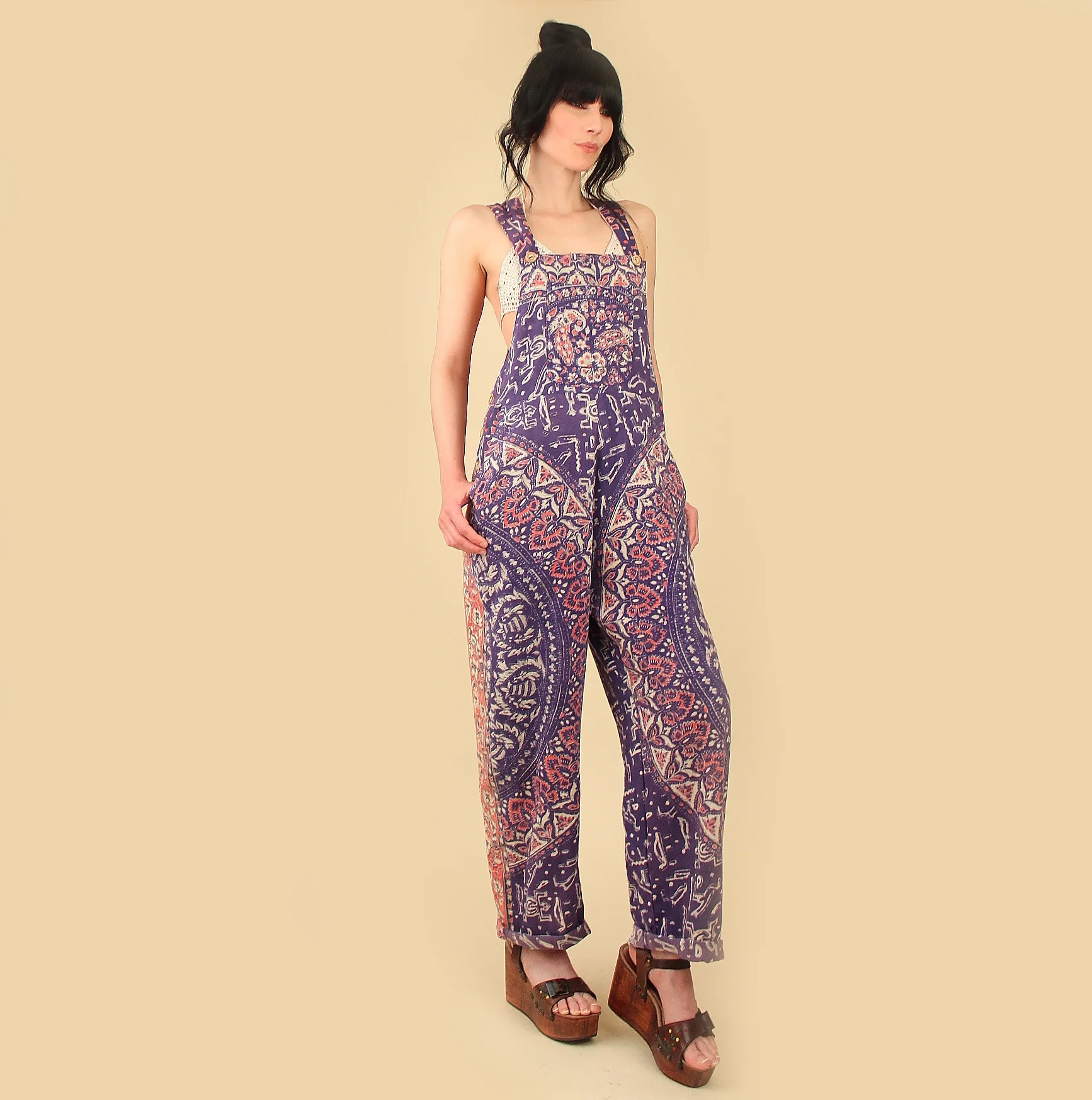 Copy of vintage bib overalls 60s indian gauze cotton mandala hellhound vintage hellhoundvintage bohemian beach boho summer 70s hand block print vintage clothing clothes made in Los Angeles California hippie