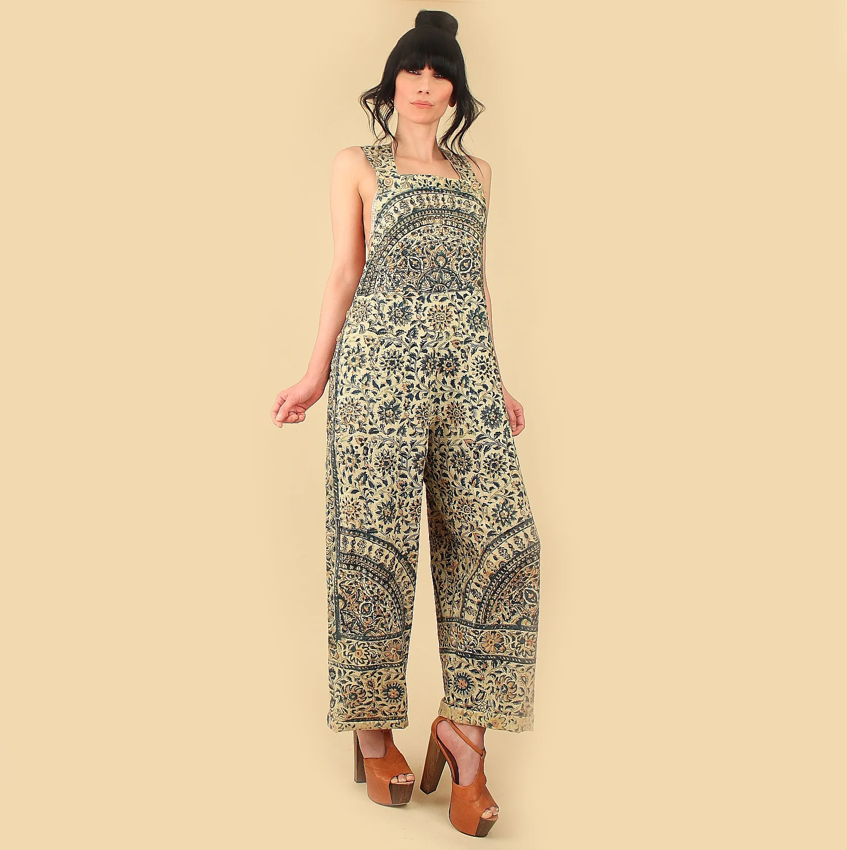 Copy of vintage bib overalls 60s indian gauze cotton mandala hellhound vintage hellhoundvintage bohemian beach boho summer 70s hand block print vintage clothing clothes made in Los Angeles California hippie