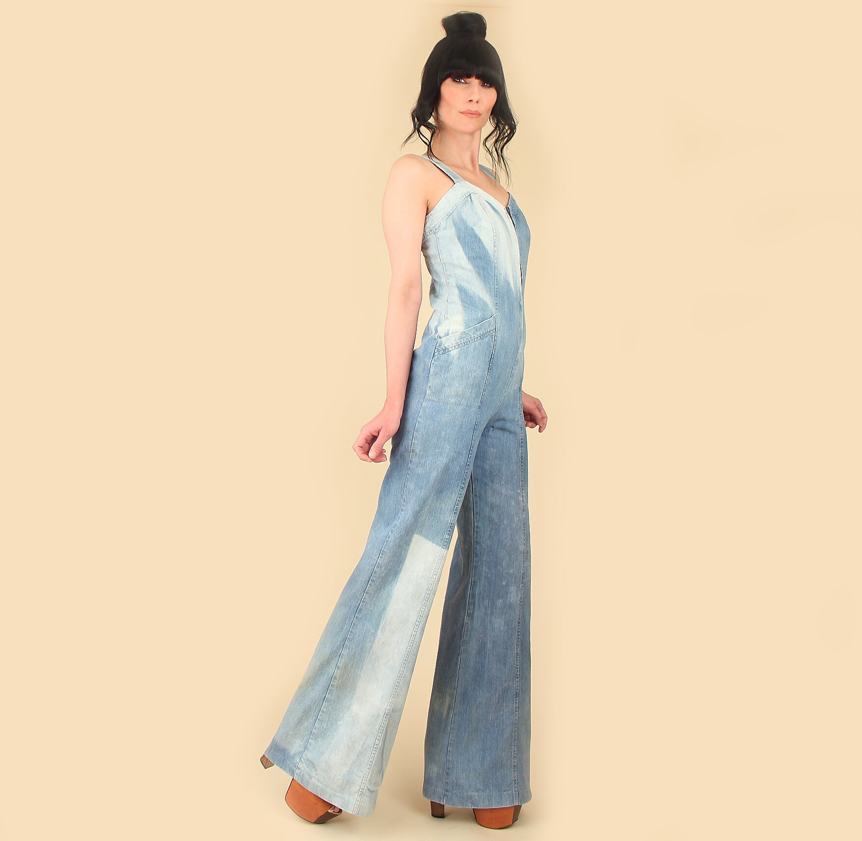 Sun Faded Sweetheart Denim Jumpsuit // Vintage 70's Bell Bottom ...