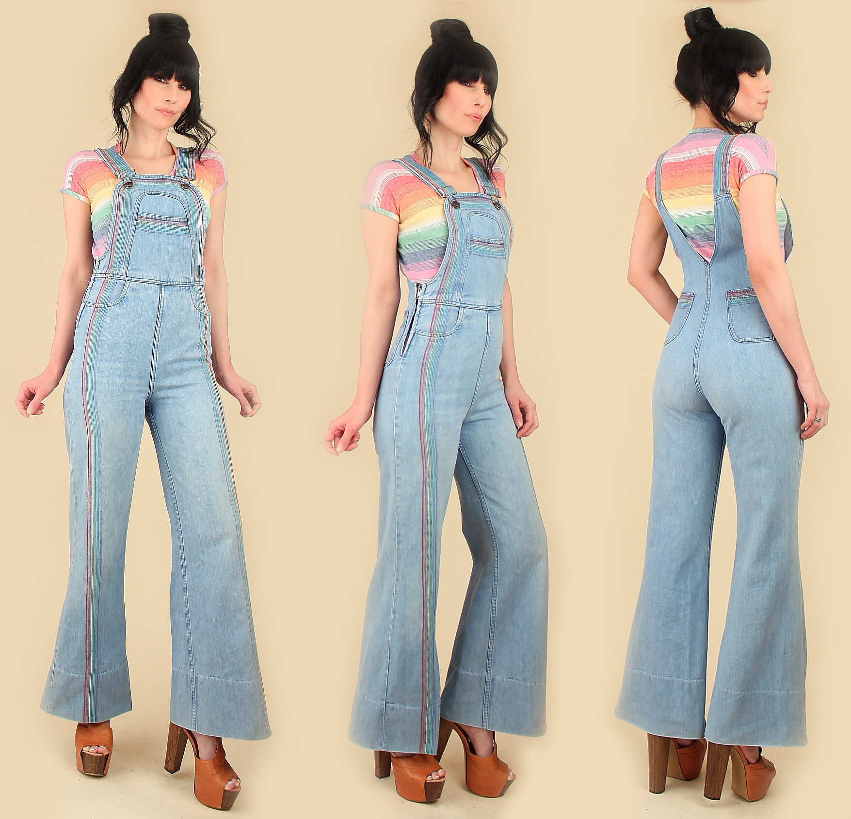 Vintage 1970s Vintage Rainbow Denim Jumpsuit // Bell Bottoms ...