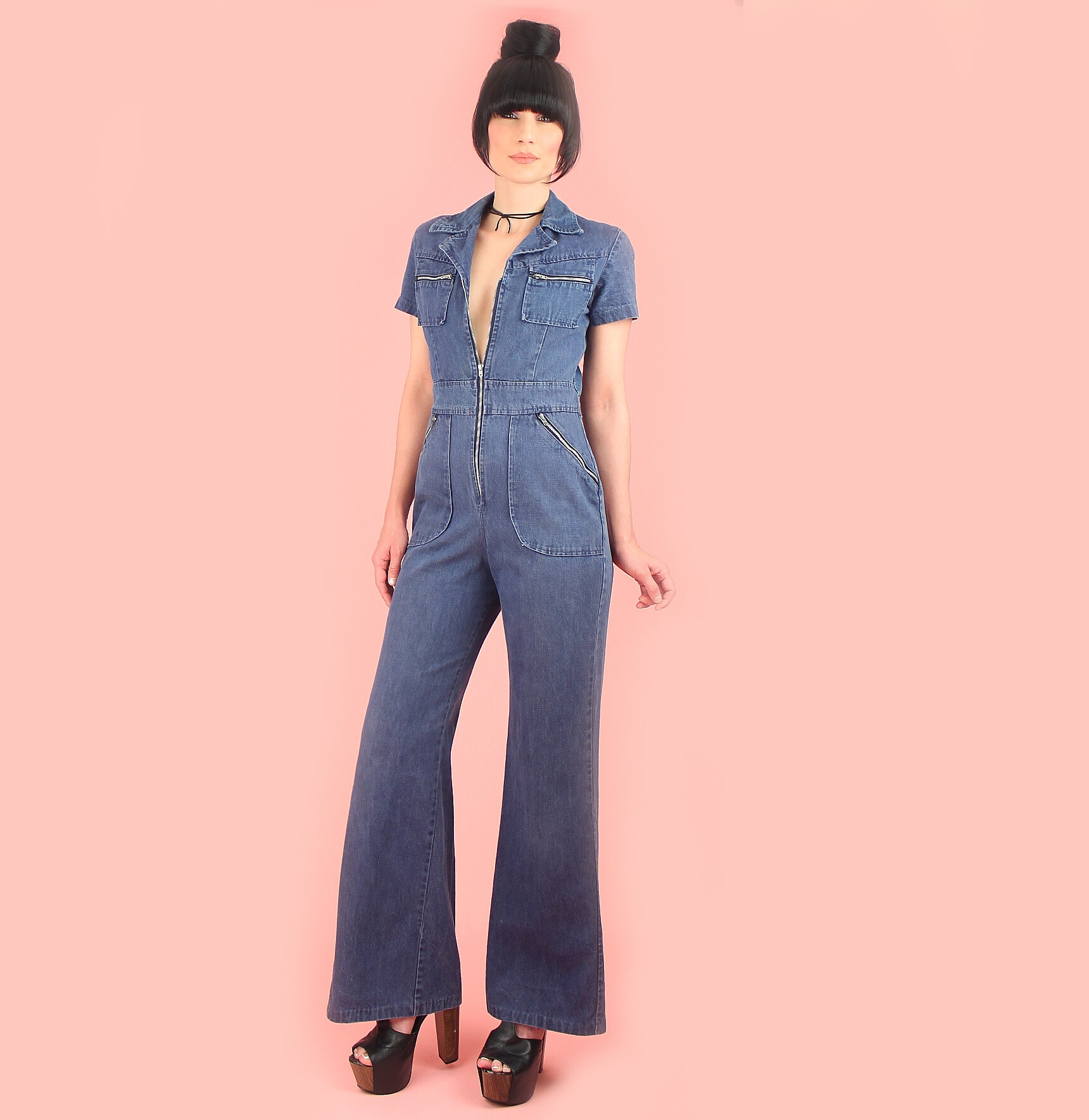 blue jean bell bottom jumpsuit