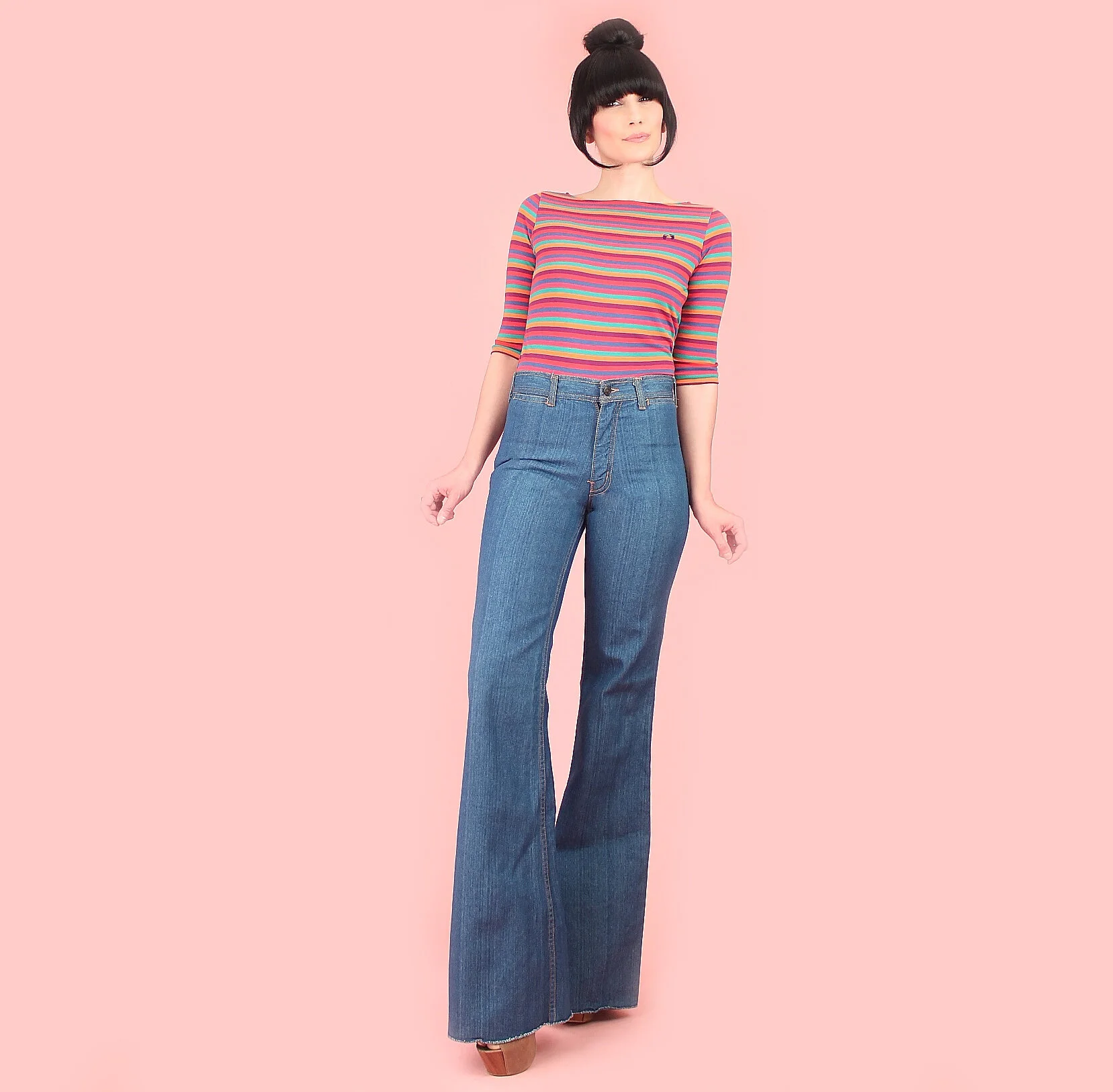 60's Front Slit Bell Bottom Black Crepe Jumpsuit