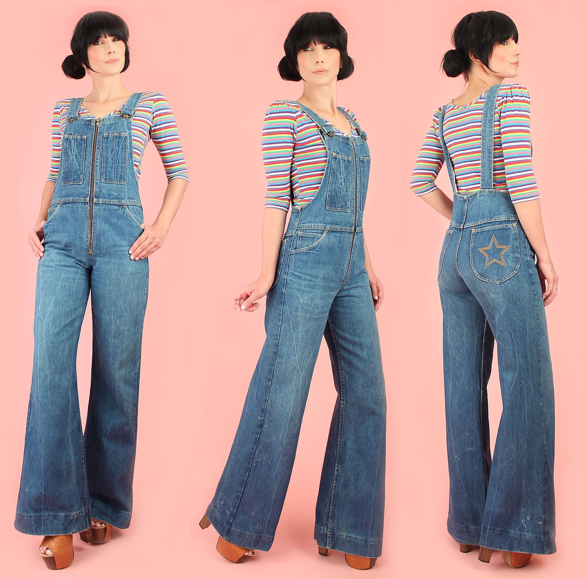 Vintage 1970's Faded Glory Denim Jumpsuit // Bell Bottoms Bib Overalls ...