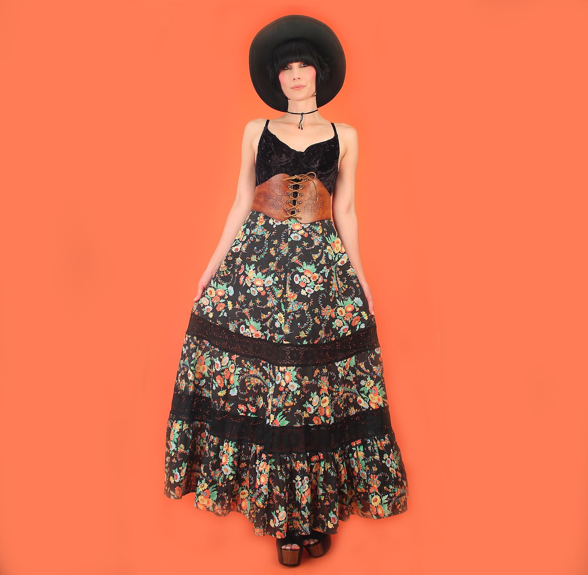 Vintage 1970's Tiered Calico + Black Crochet Maxi Prairie Skirt