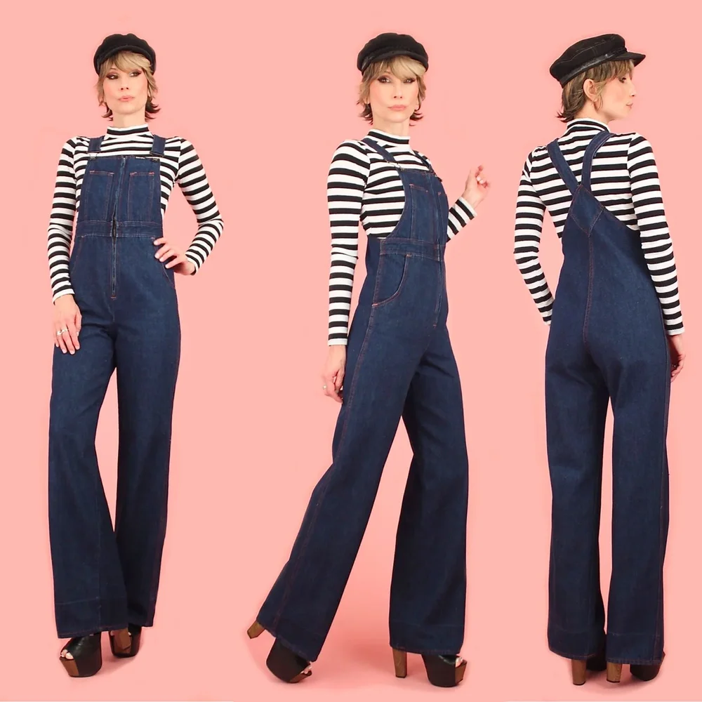 ViNtAgE 1970s Denim Bib Overalls // Bell Bottom Jumpsuit