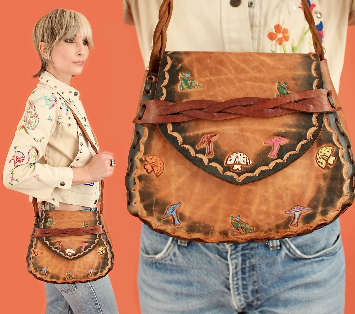 Vintage Magical Mushrooms Hand Tooled Leather Purse // 1970