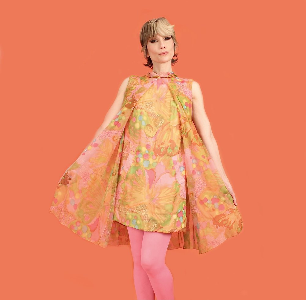 Magical 1960's Psychedelic Silk Chiffon Mini Dress  Hellhound Vintage