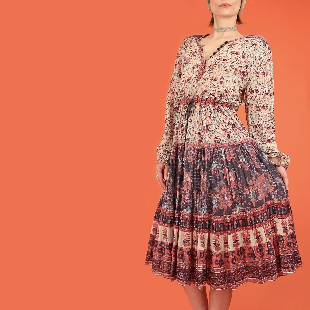 vintage indian cotton gauze dress Vintage India Block Print Cotton Gauze Dress Gold Lurex & Pockets Made Motley Vintage