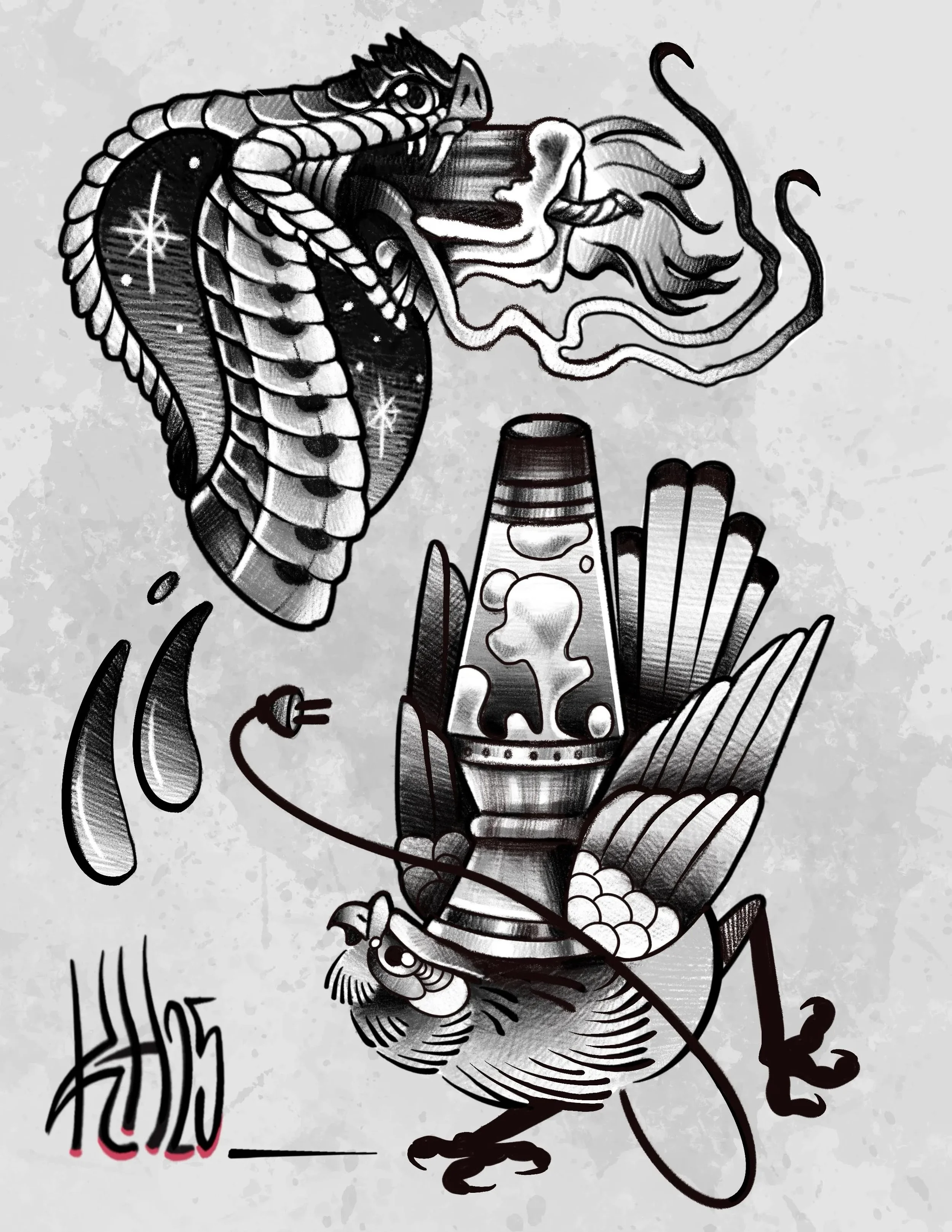 Black and white illustration of a mythical creature with a dragon-like head and a bird's body, holding a drink in a tall glass with a straw, surrounded by abstract shapes and lines.