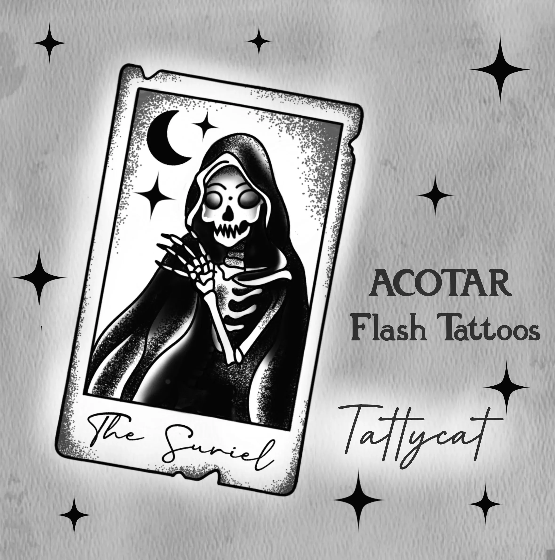 A sticker of a playing card featuring a Grim Reaper skeleton holding a sickle, surrounded by stars and the text 'ACOTAR The Sunfire Flash Tattoos'.