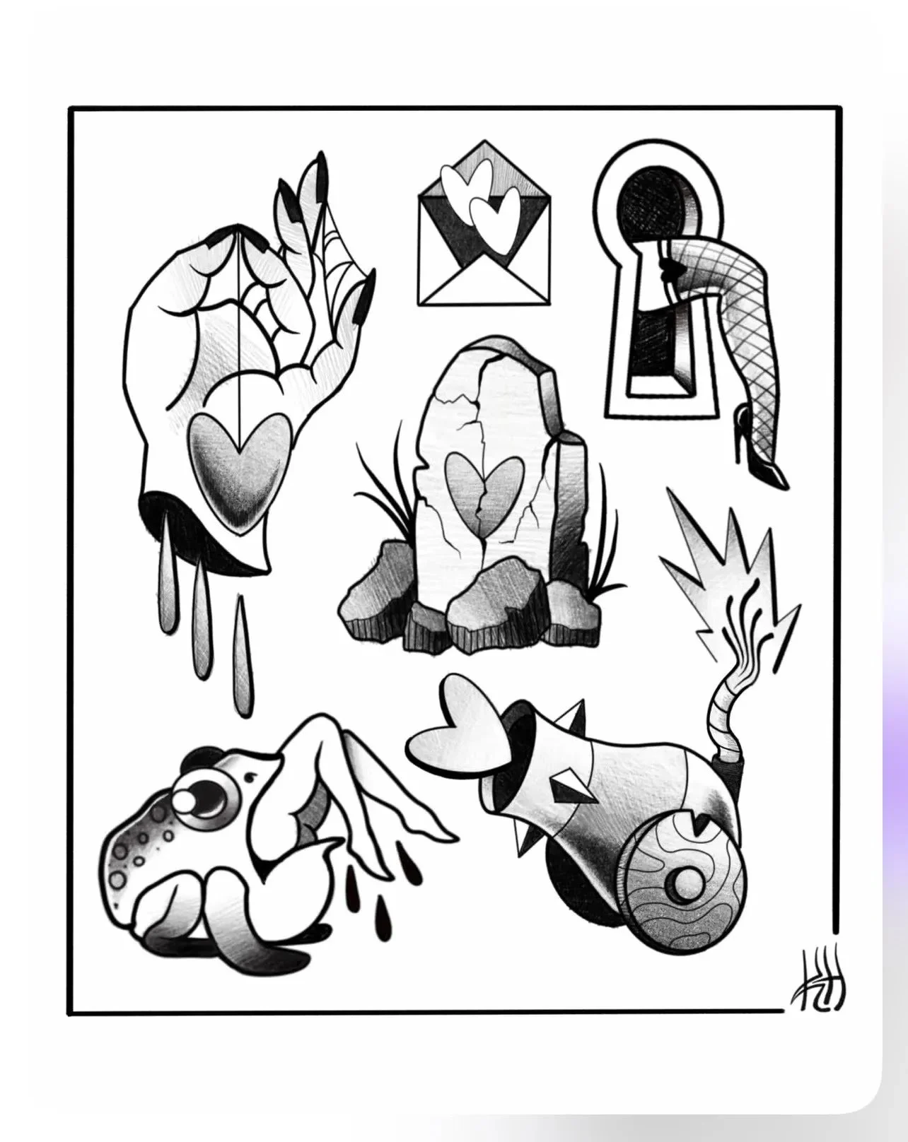 Black and white tattoo-style illustration featuring a hand with a heart, a cracked stone with a heart, a frog, a mushroom with a heart, a love letter with hearts, a keyhole with a fishnet-covered finger, and a smoking fuse.