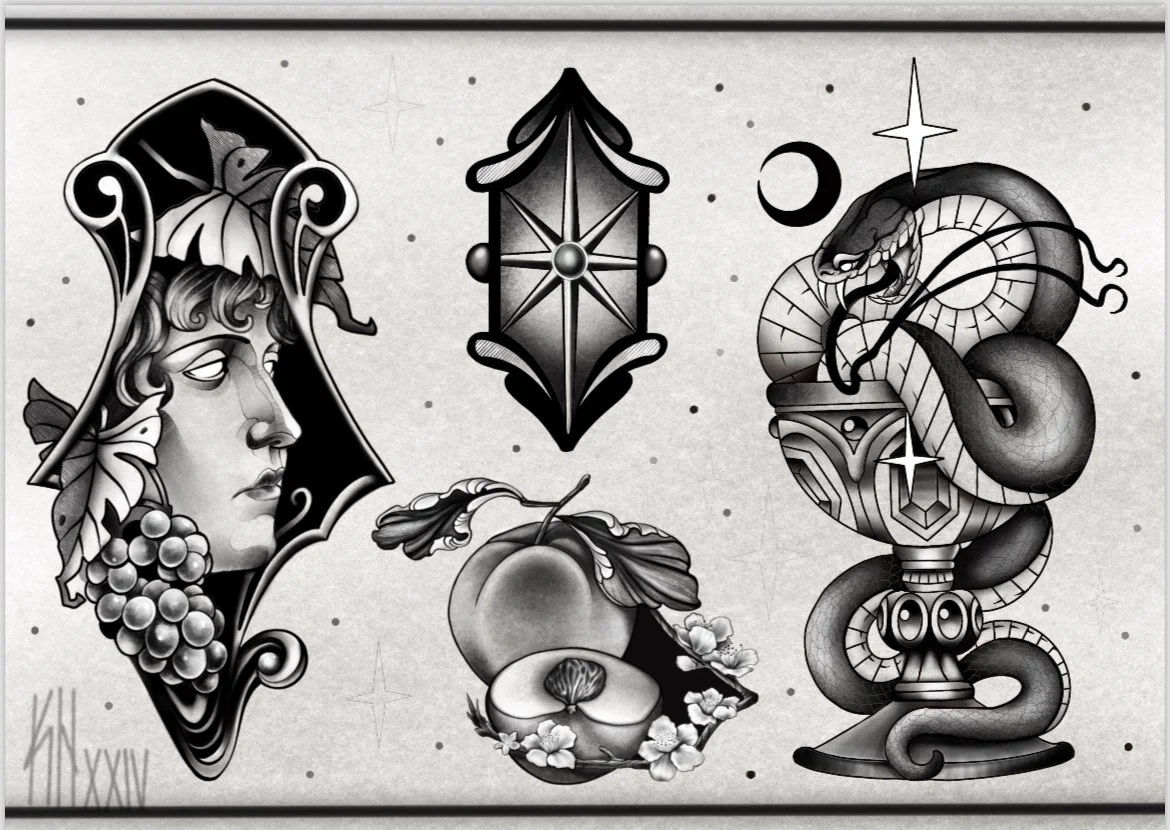 Black and white tattoo-style illustration featuring a woman’s profile with grape leaves and grapes, an apple and apple blossom, a decorative geometric shape, a snake coiled around a pedestal with star and moon symbols, and a small starry sky background.