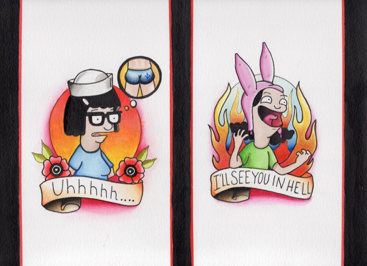 Two cartoon characters, each with a banner at the bottom. The left character is a girl with black hair, glasses, a sailor hat, and a blue shirt, looking worried with a thought bubble showing a bikini-clad woman from behind. Her banner says 'Uhhhh...'. The right character is a girl with long dark hair, pink bunny ears, and a green shirt, excitedly shouting into a phone with flames in the background. Her banner says 'I'LL SEE YOU IN HELL'.