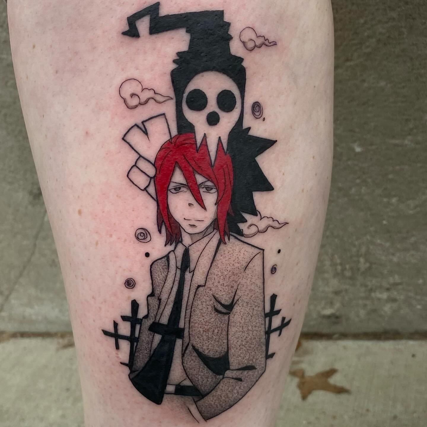 Spirit from Soul eater for @_.shouganai._ &lt;3 this was so much fun :) 

more anime tattoos this way! 

#### 

#spirit #souleater #anime #animetattoo #tattoo #blackandgreytattoo #cheyenetattooequipment #art #stl #stltattooartist #hehehehe