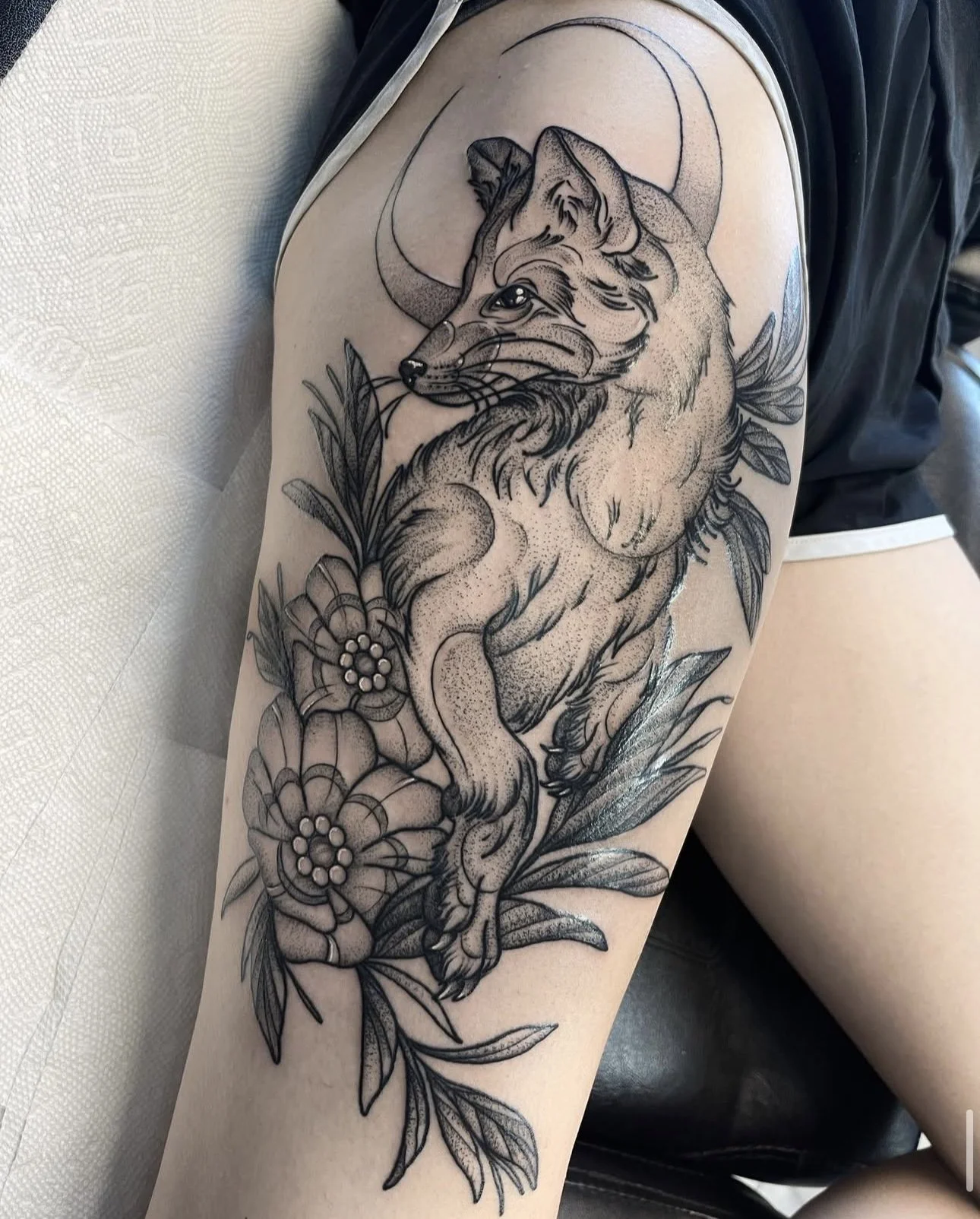 floral fox blackwork tattoo by ayanah st louis