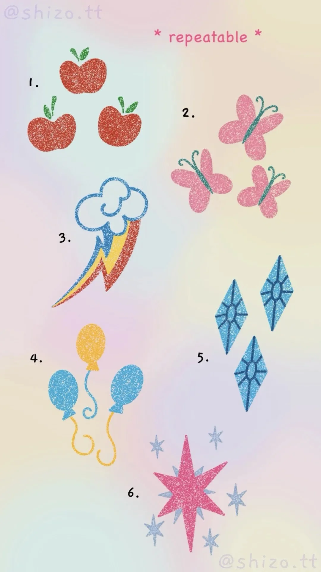 Colorful cartoon illustrations of apples, butterflies, lightning, balloons, stars, and a pink star with a festive theme.