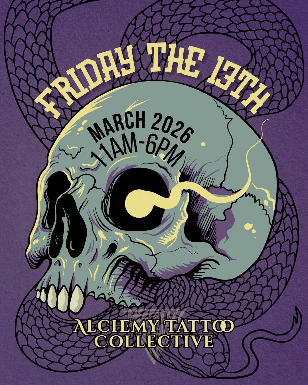 Friday the 13th is back.⁠
Round two.⁠
⁠
Flash day at Alchemy Tattoo Collective⁠
Friday, March 13 &middot; 11am&ndash;6pm⁠
⁠
New designs. New lineup. Same high-energy shop day.⁠
All flash is repeatable, so you can come in with a friend or book it for 