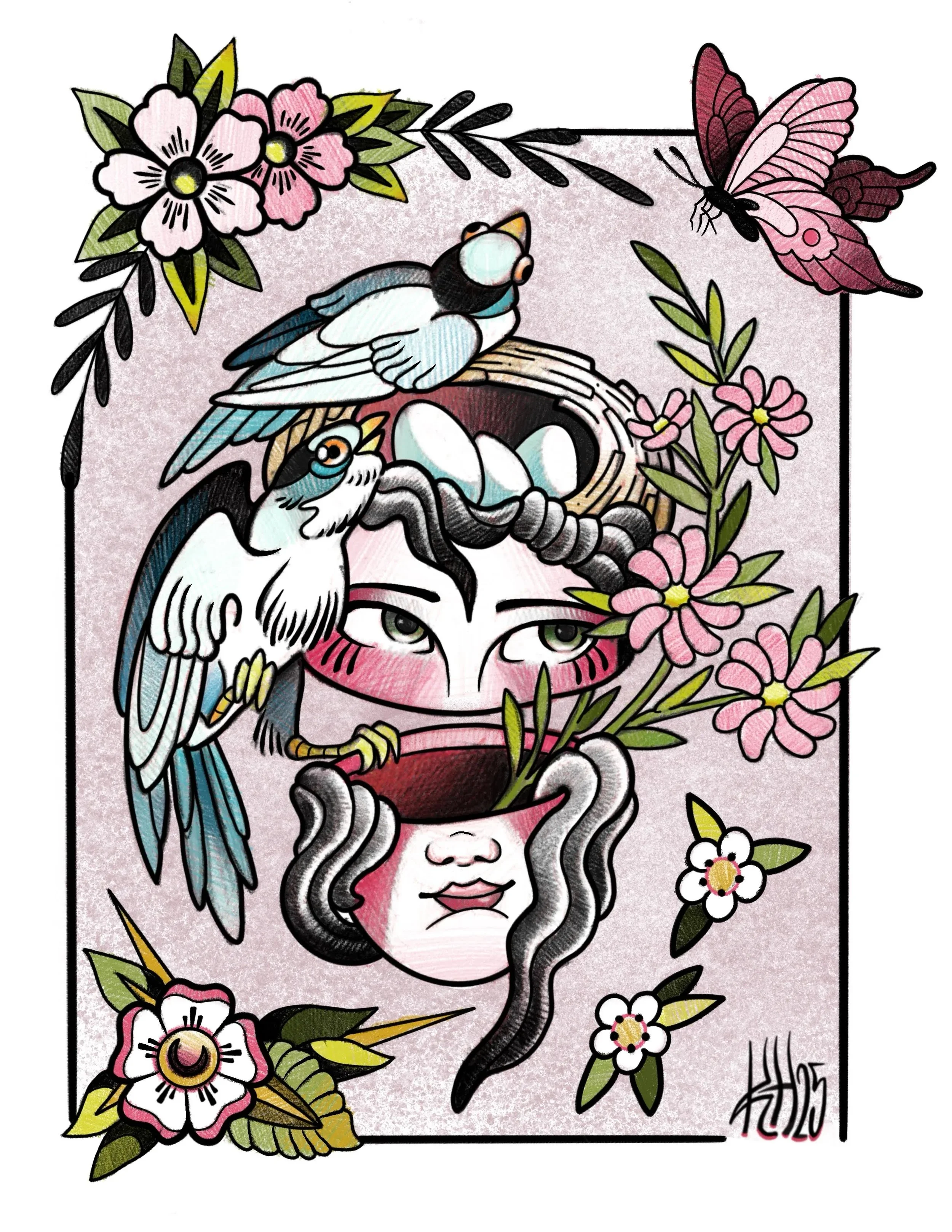 A colorful tattoo-style illustration of a woman's face with a headdress of flowers, birds, a butterfly, and various floral elements.