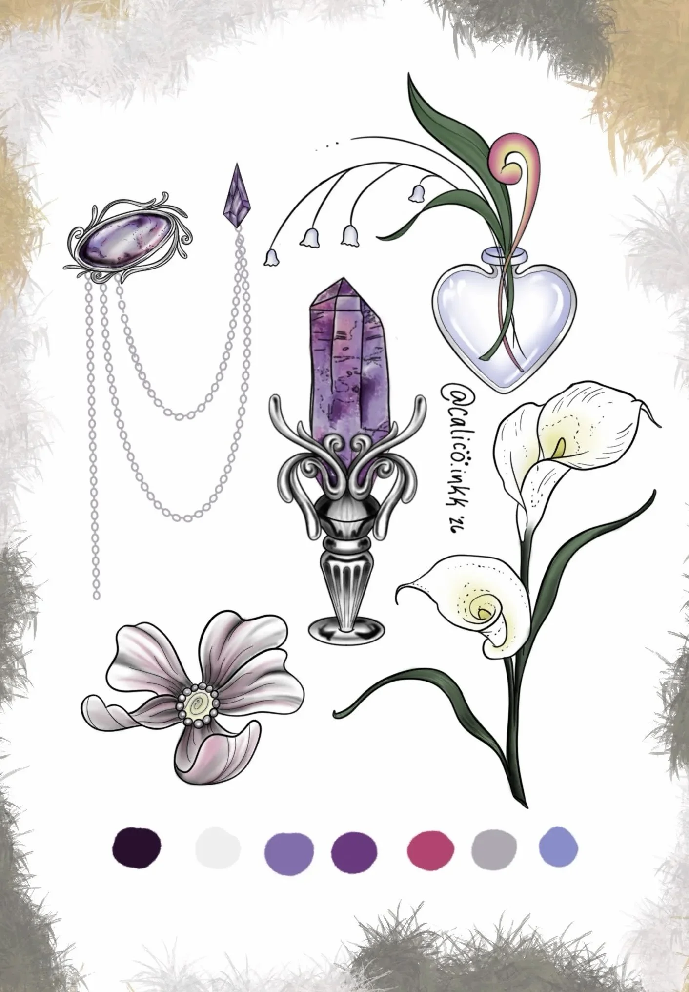 A collection of jewelry and decorative items, including a purple gemstone necklace, purple crystals, a heart-shaped glass pendant with flowers, and various flowers and leaves in a sketch style.