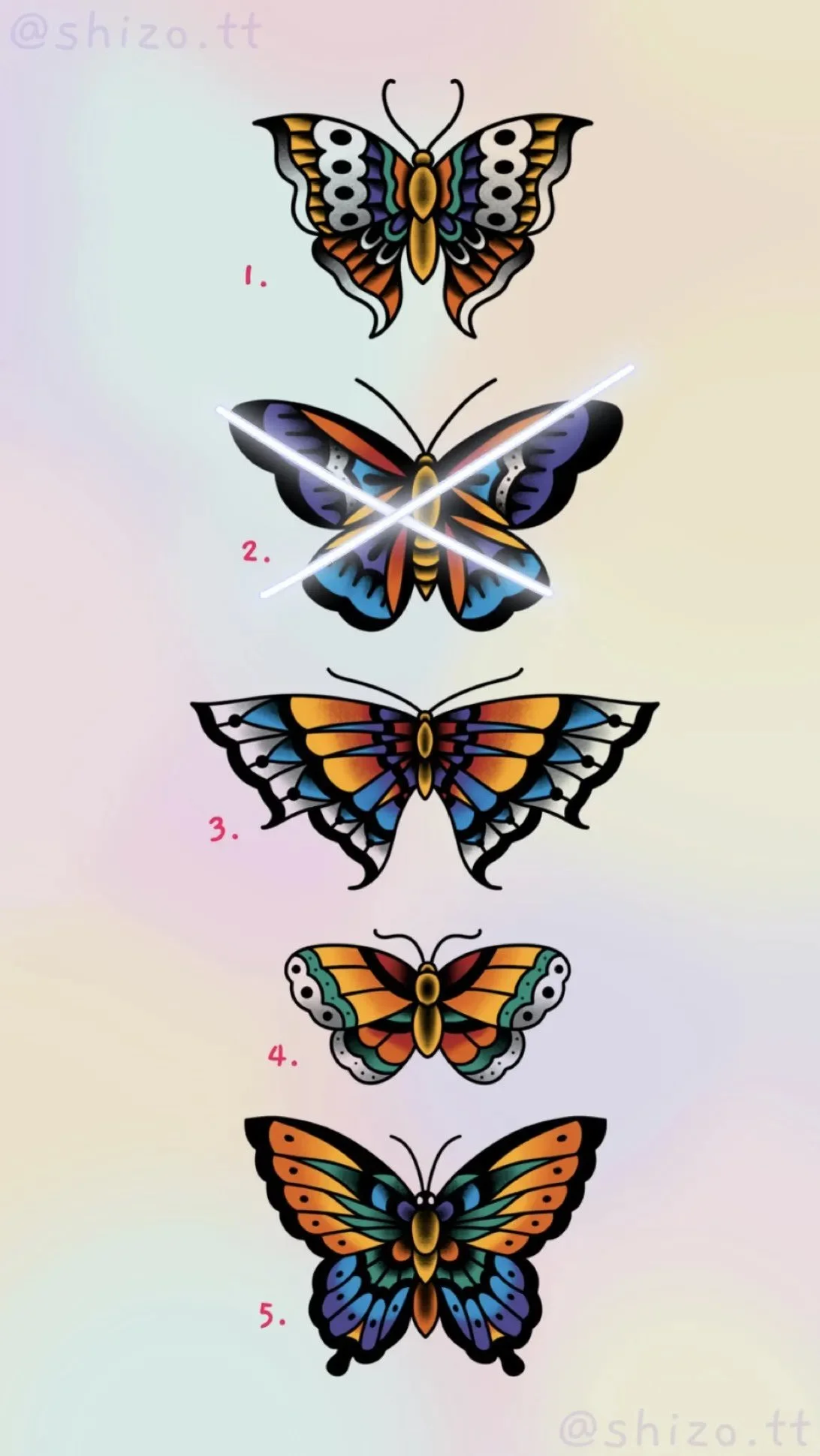 Illustration of five colorful butterflies arranged vertically, each numbered 1 to 5, showing different wing patterns and colors.