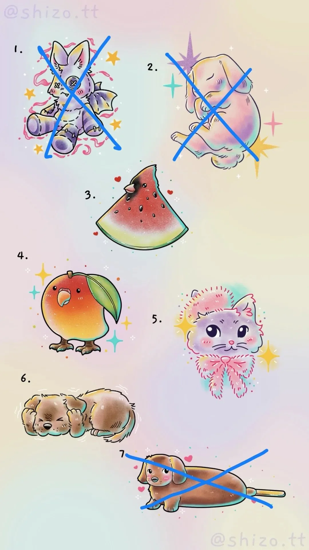 Illustrations of cute animals with blue X marks over them, including a bat, a unicorn, a dog, and a cat, with a slice of watermelon and a whole fruit resembling a peach or apricot.