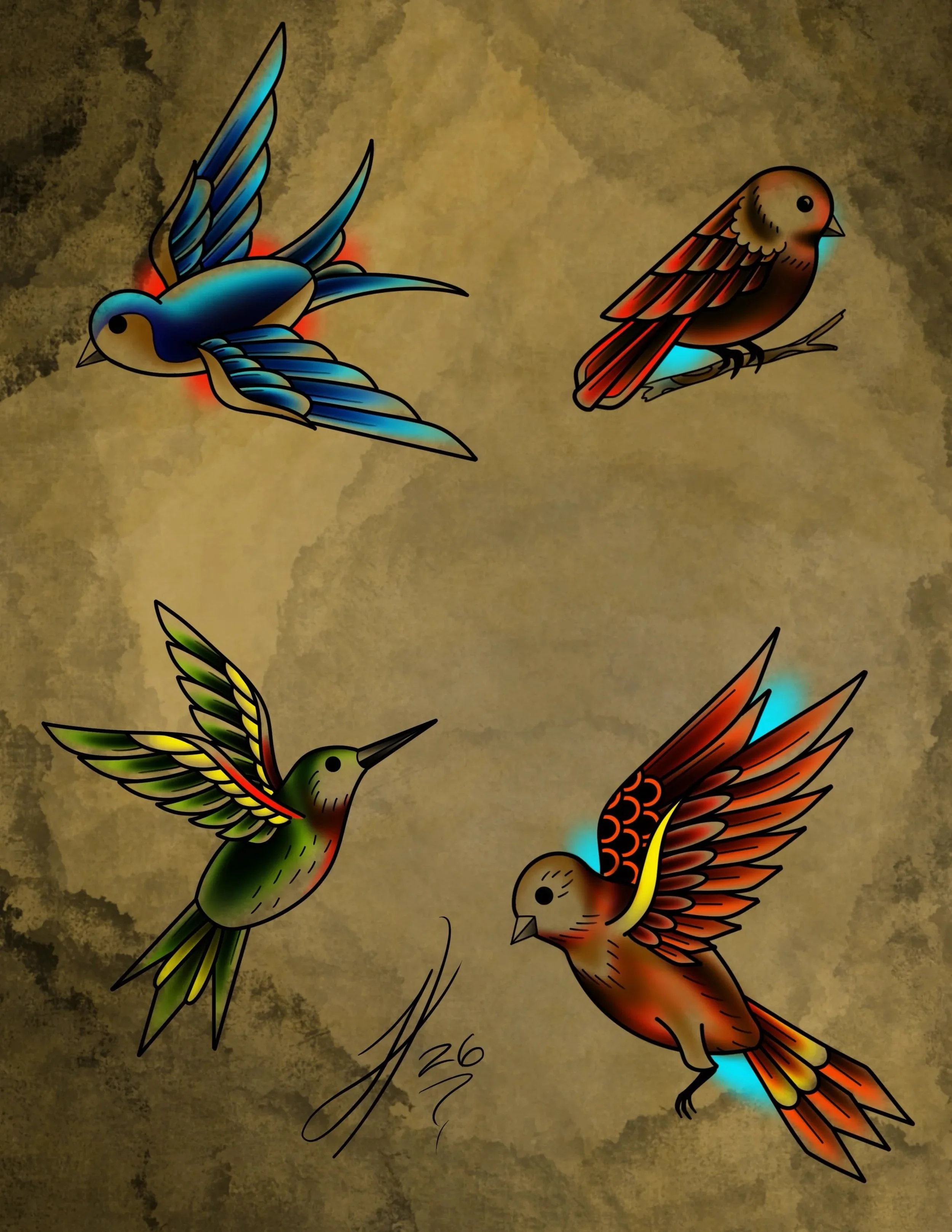 Colorful illustration of three birds with vibrant feathers, two flying and one perched on a branch, set against a textured background.