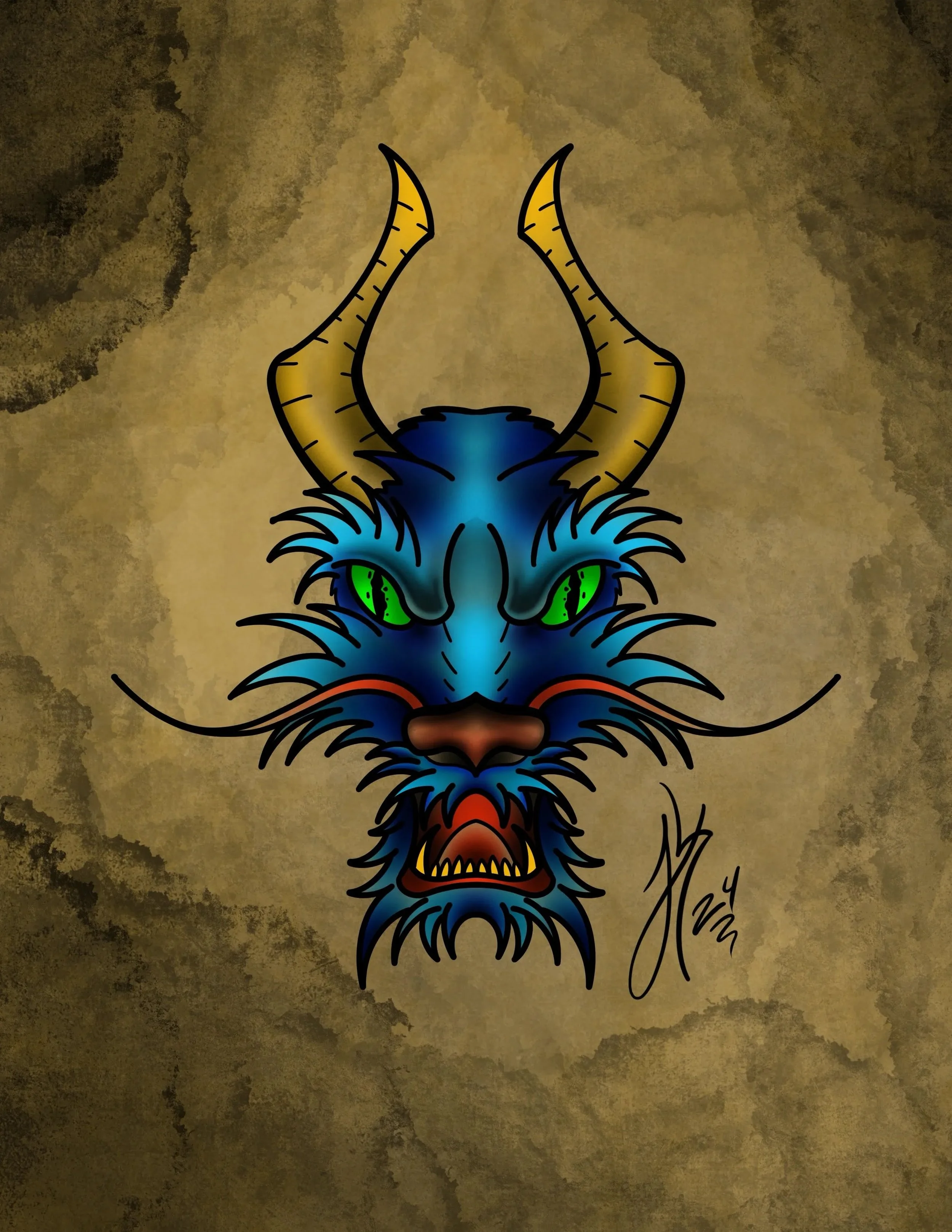 A colorful illustration of a dragon's face with bright green eyes, blue and black fur, gold horns, and a fierce expression, set against a textured gold background.