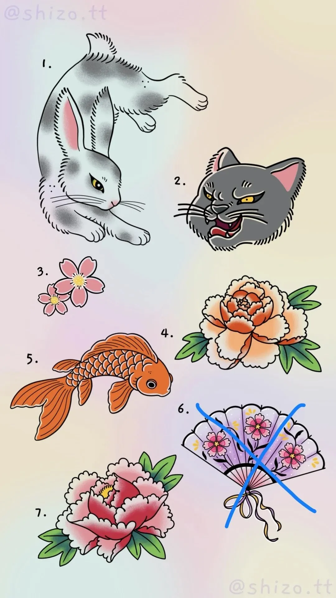 A collection of images featuring a gray and white cat with yellow eyes, pink flowers, an orange fish, a peony flower, and a decorative fan with floral designs that has a blue cross over it.