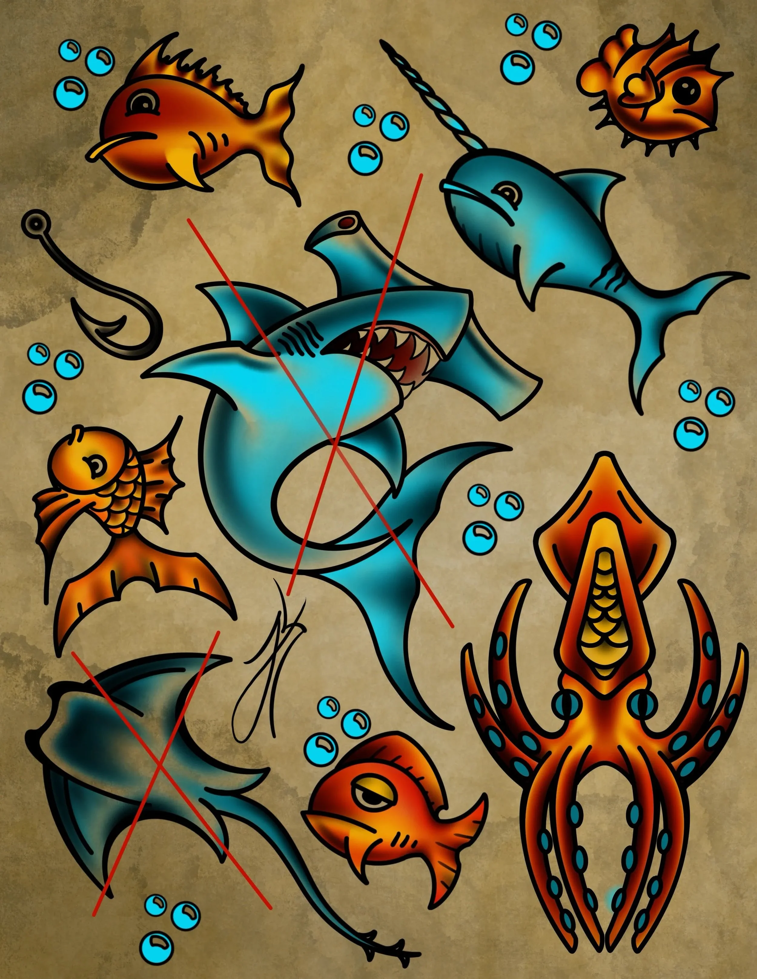 A colorful illustration of various sea creatures including a blue shark, a blue stingray, orange fish, a pufferfish, and a lobster against a textured beige background. Some of the creatures are labeled with red lines.