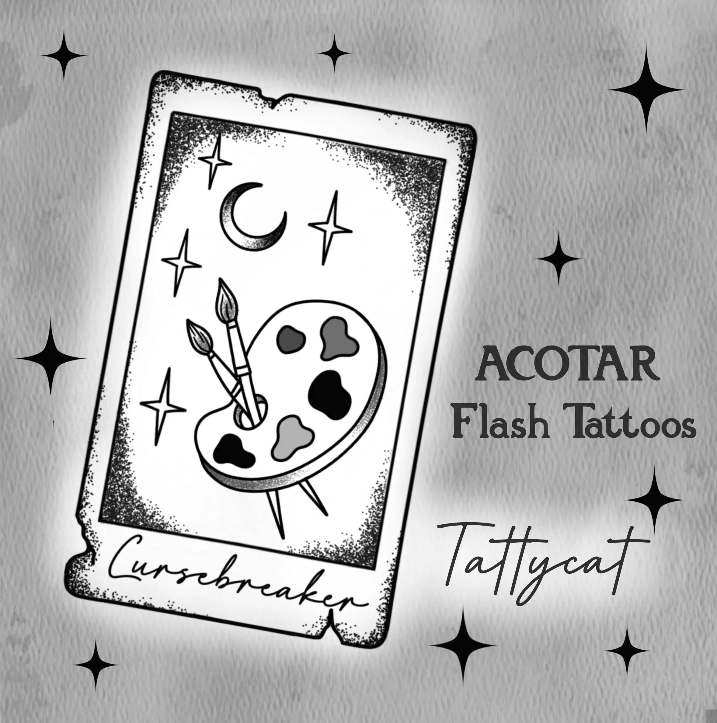 Black and white illustration of a tarot card with a crescent moon, stars, and paintbrushes, surrounded by sparkles, with partially visible text including the words "flash tattoos" and "acotar".