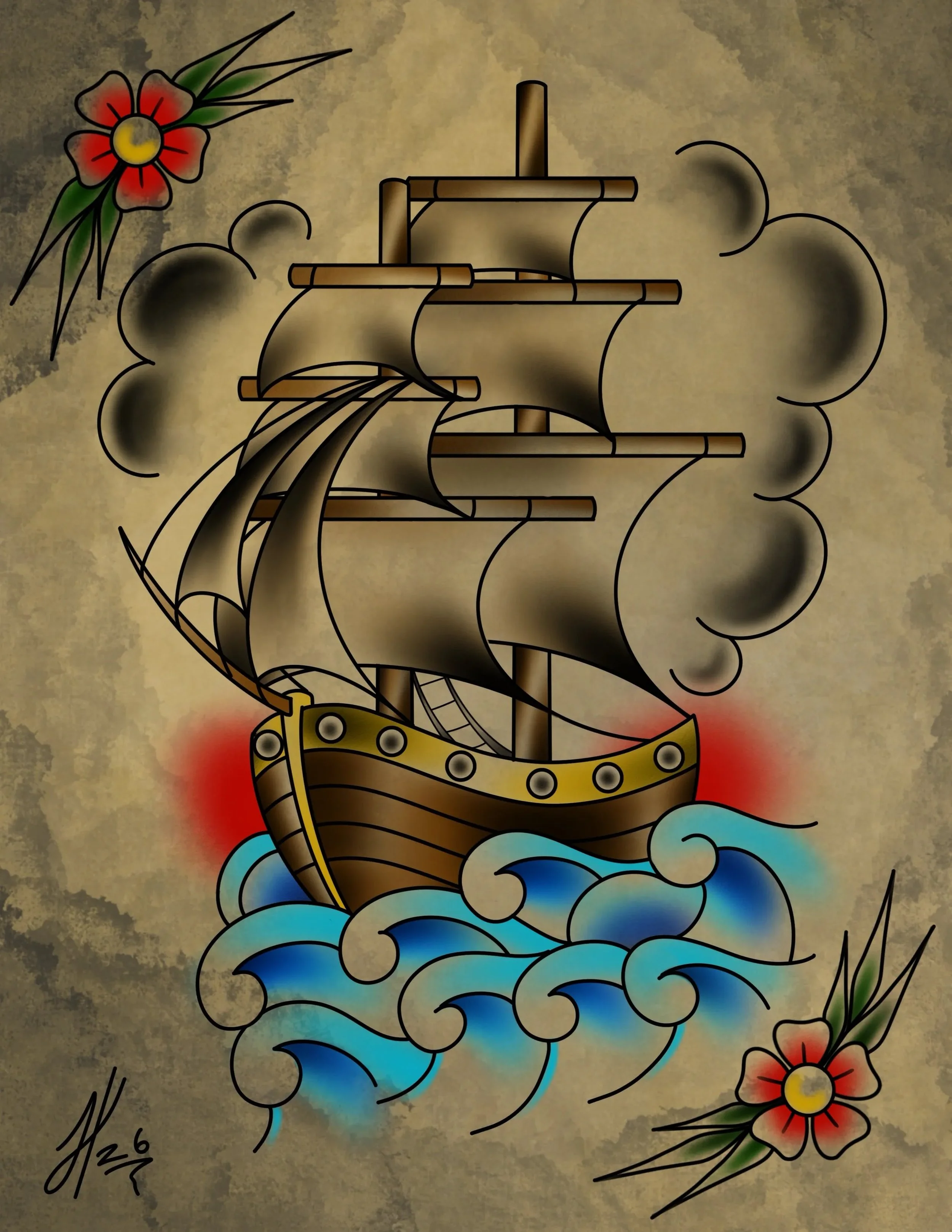 Traditional tattoo of a sailing ship with black sails on blue waves, surrounded by red flowers with yellow centers and green leaves, on a beige background.