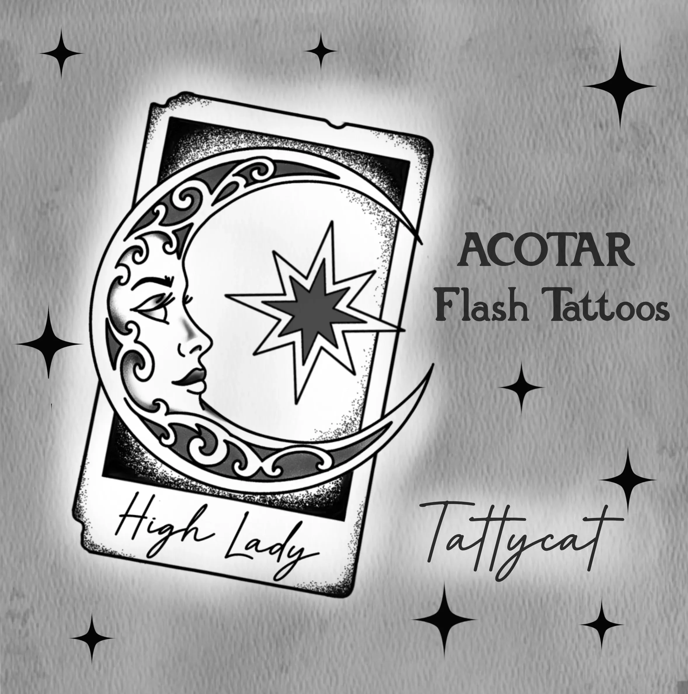 Black and white illustration of a deck of playing cards, with a focus on the King of Spades. Text reads 'ACOTAR Flash Tatttoos' and 'High Lady Tatuc' with decorative stars surrounding the design.