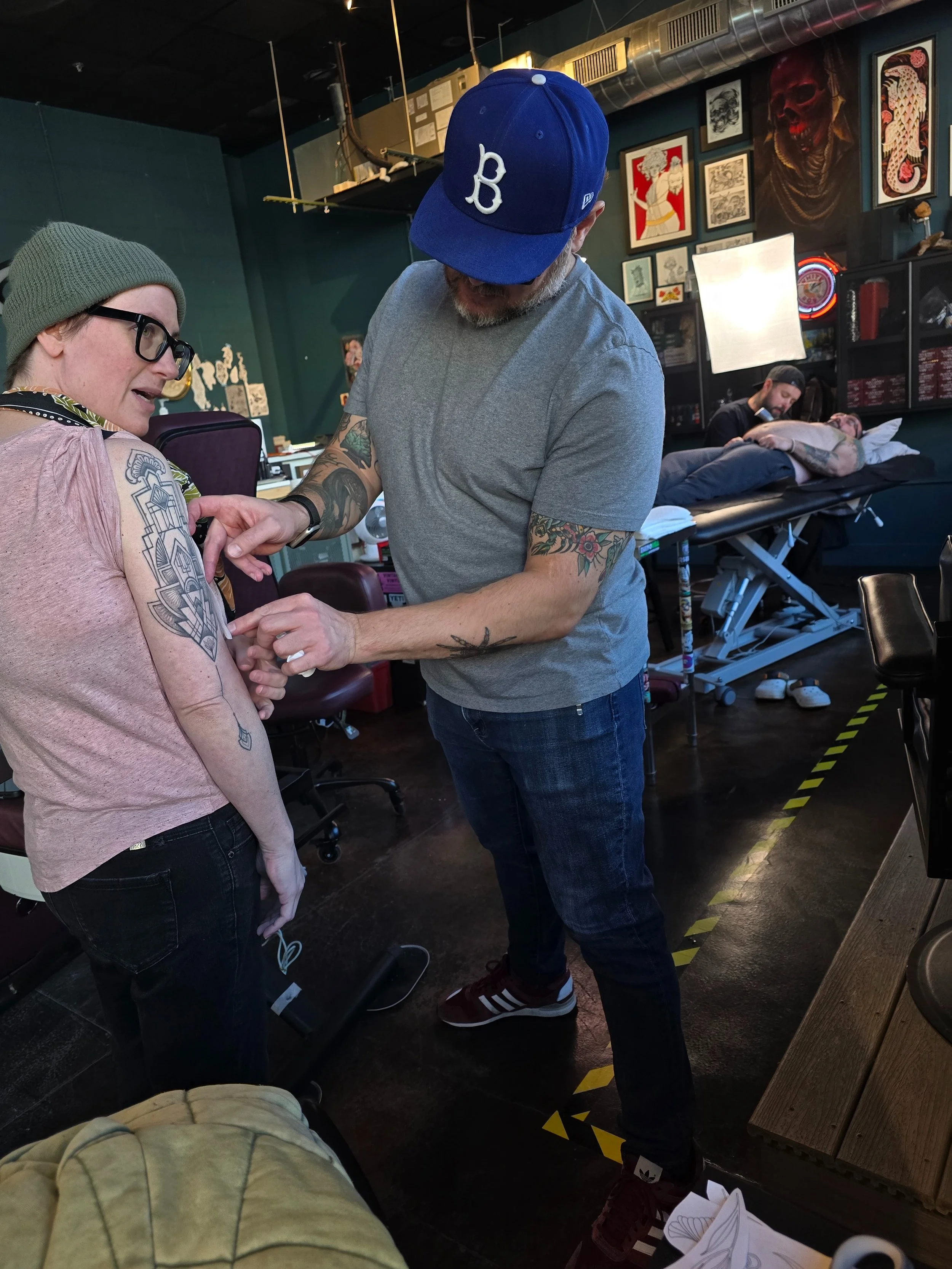 custom tattoo stencil process by St. Louis tattoo artist on client skin