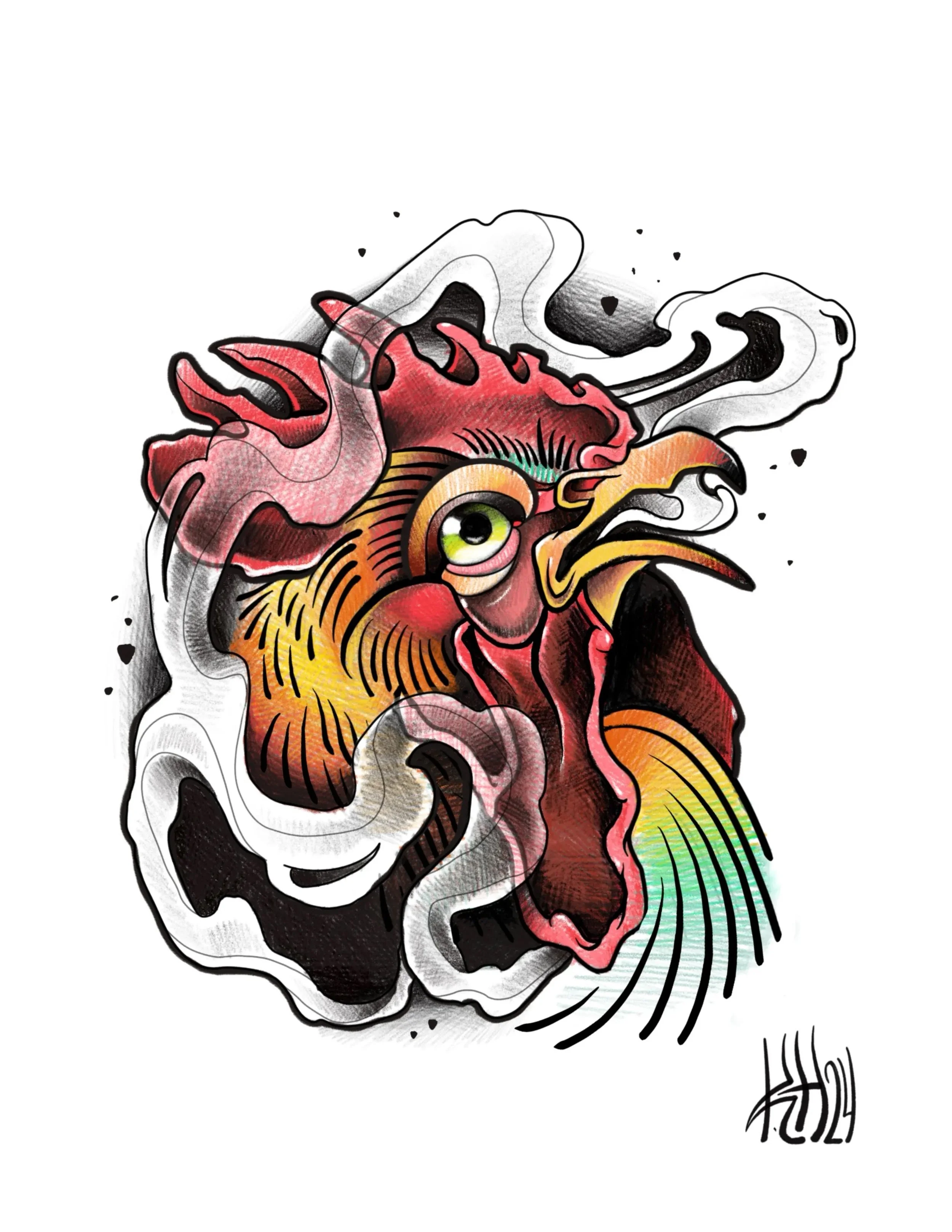 A colorful abstract illustration of a human heart with a prominent eye in the center, surrounded by flowing lines and black ink splashes.
