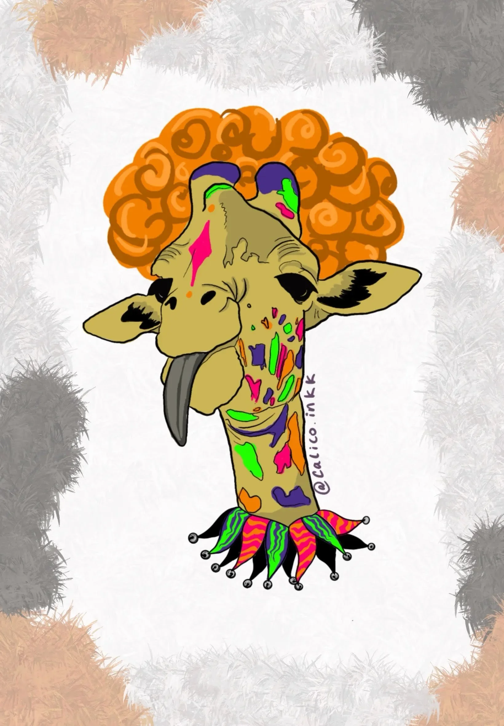 A colorful, artistic illustration of a giraffe with vibrant, neon-like patches of color on its face, neck, and ossicone. The giraffe's head is slightly tilted, and it wears a neon, psychedelic-style collar with a star-patterned fringe. The background features a stylized, textured border with soft, pastel-colored foliage.