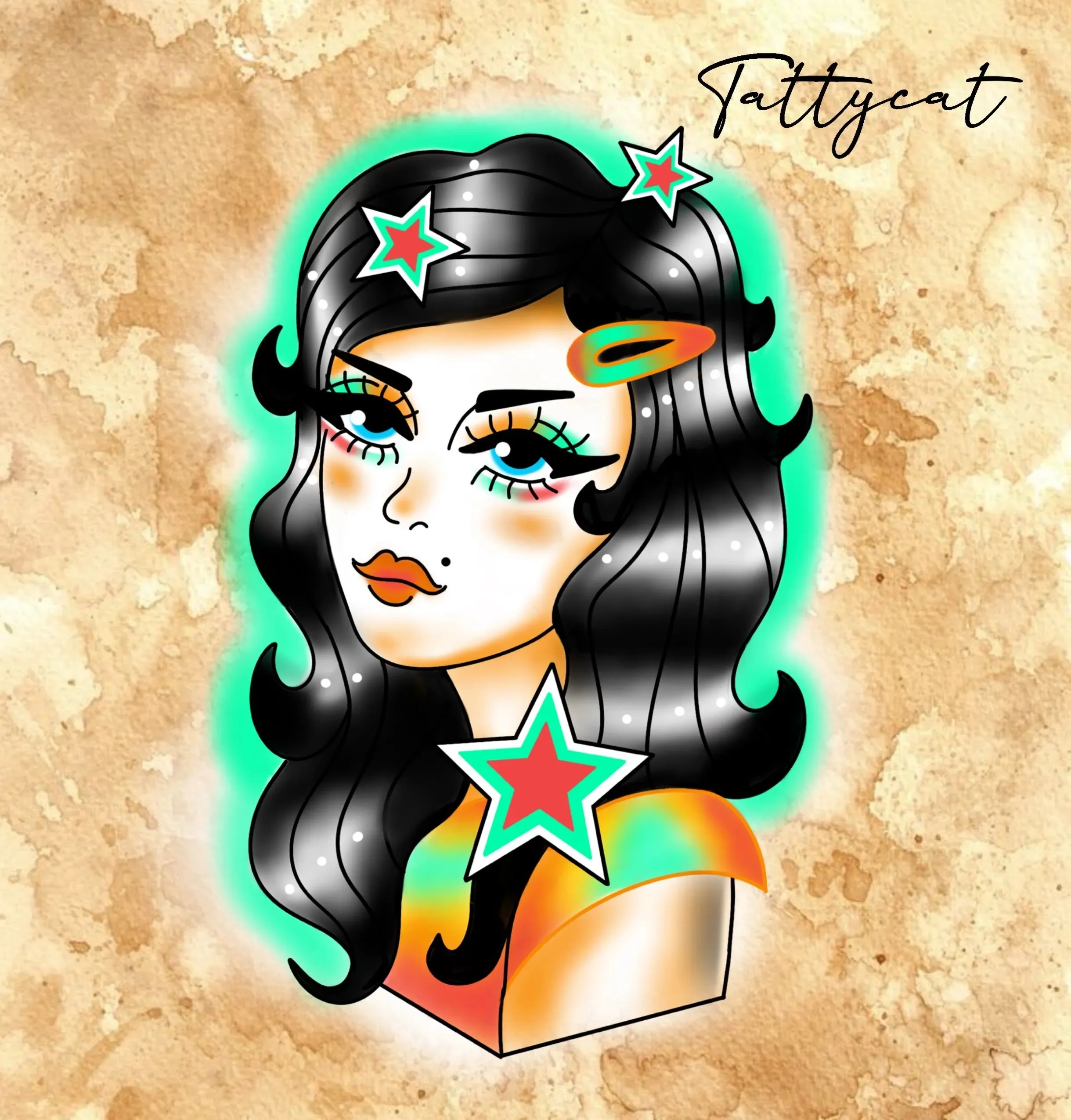 Digital illustration of a woman with black hair decorated with stars, neon highlight around her face, wearing colorful makeup, with the word 'TATTYCAT' written in cursive on a textured beige background.