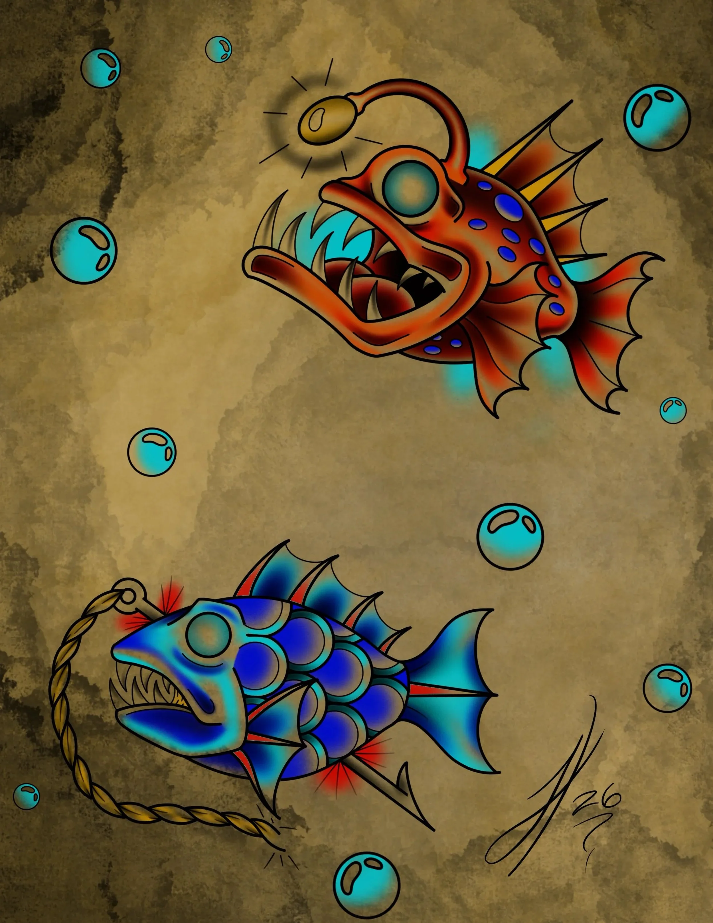 Colorful stained glass style illustration of a fish with large eyes, spikes, and ornate fins, surrounded by bubbles on a textured gold background.