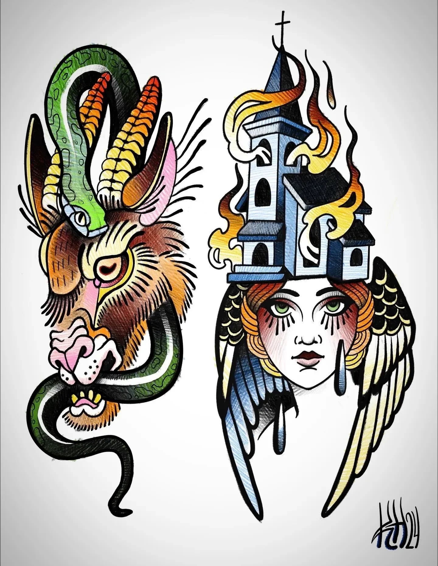 Tattoo-style illustration of a snake on the left and a woman's face with a castle headpiece on the right, with both figures featuring flowing hair and bold outlines.