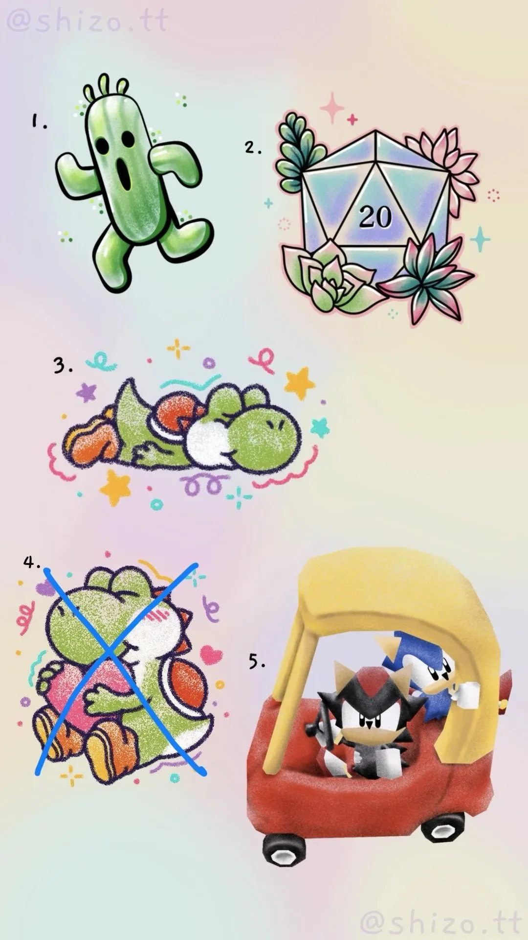 A colorful illustration with five sections. Section 1 shows a cartoon cactus with a surprised expression. Section 2 displays a 20-sided die with flowers around it. Section 3 features a cartoon dinosaur lying on its back, surrounded by colorful stars and confetti. Section 4 depicts a cartoon dinosaur with a cross over it, surrounded by confetti and hearts. Section 5 shows a small figurine of Sonic the Hedgehog inside a yellow and red toy vehicle.