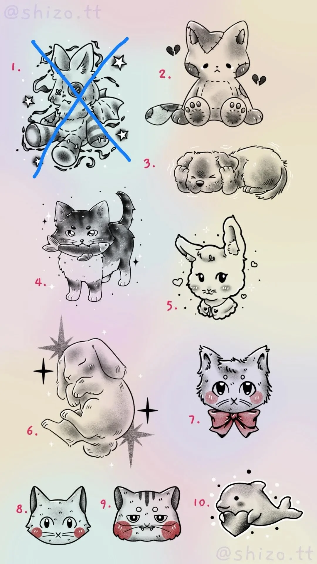 A collection of cute, monochrome styled cartoon animal drawings, including a bat plush toy, a chubby kitten, a sleeping puppy, an expressive cat face, a pensive bunny, and a relaxed dolphin, each numbered from 1 to 10, with the bat plush toy marked with an X.