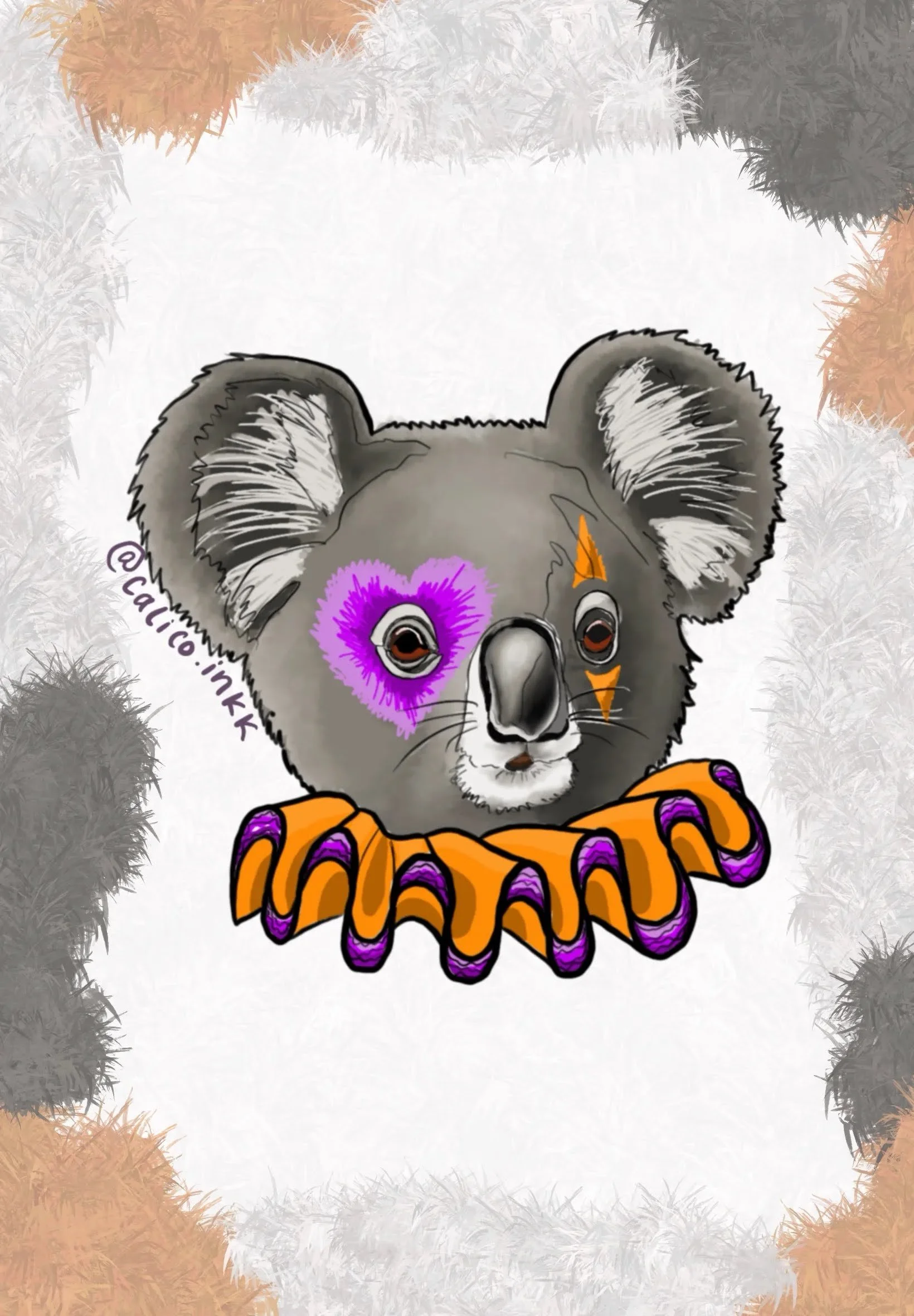 Drawing of a koala bear wearing a Halloween pumpkin-themed necklace with purple and orange accents. The background features a border of blurred, colorful foliage with shades of brown, white, gray, and black.