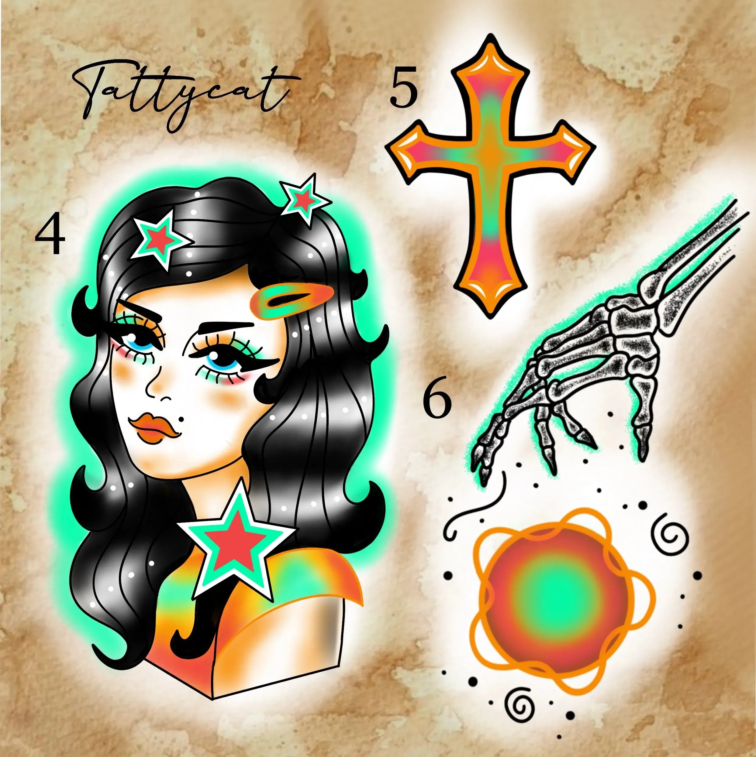 Stylized illustration of a woman's face with dark hair decorated with stars, and the number 5 along with a colorful cross and star in a tattoo style.