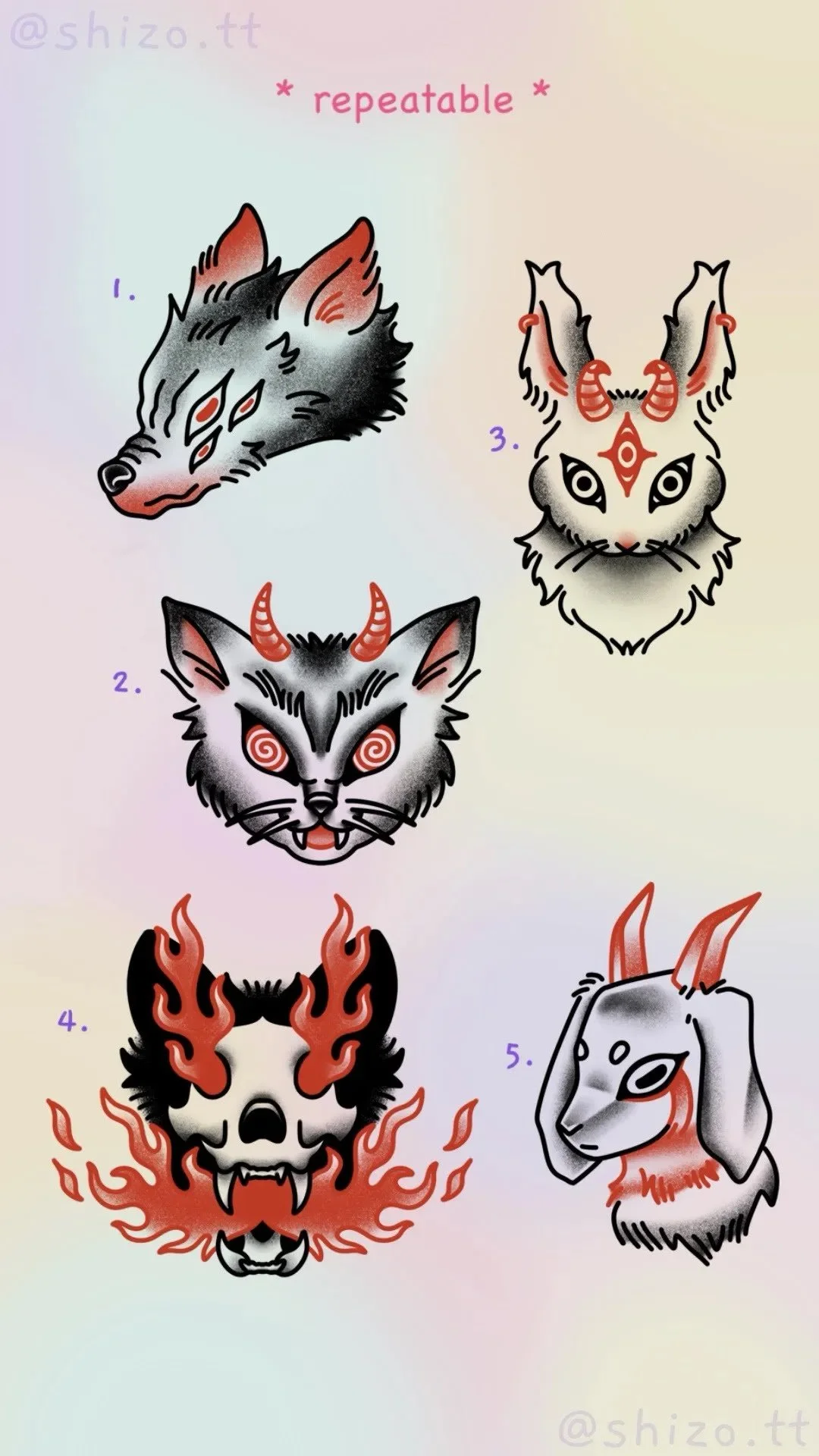 A collection of five stylized, tattoo-style animal masks, including a wolf, a cat, a fox, a demon, and a rabbit, each with distinctive markings and red accents.