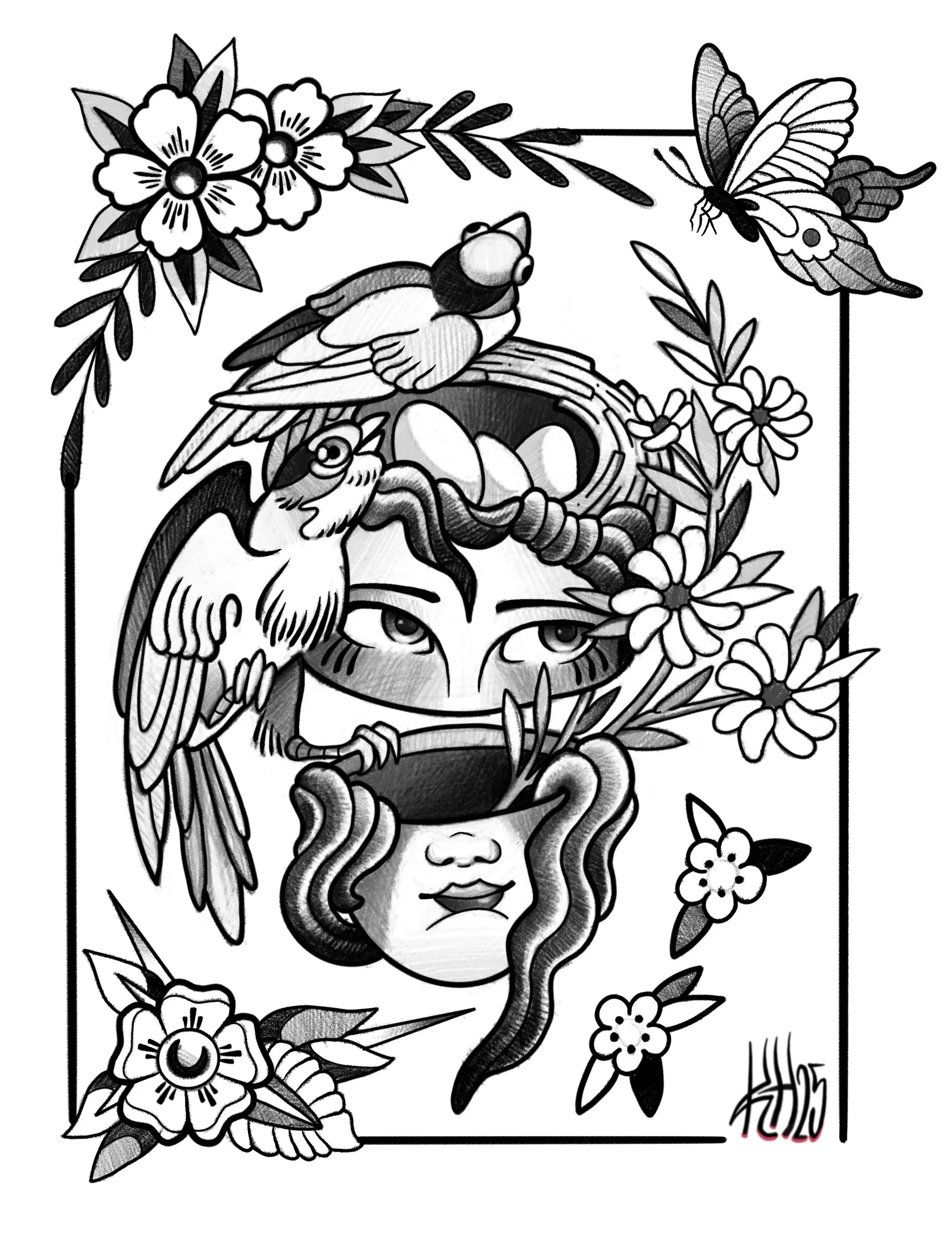Black and white coloring page featuring a woman's face with flowers, leaves, a bird, a butterfly, a snake, and a small bee.