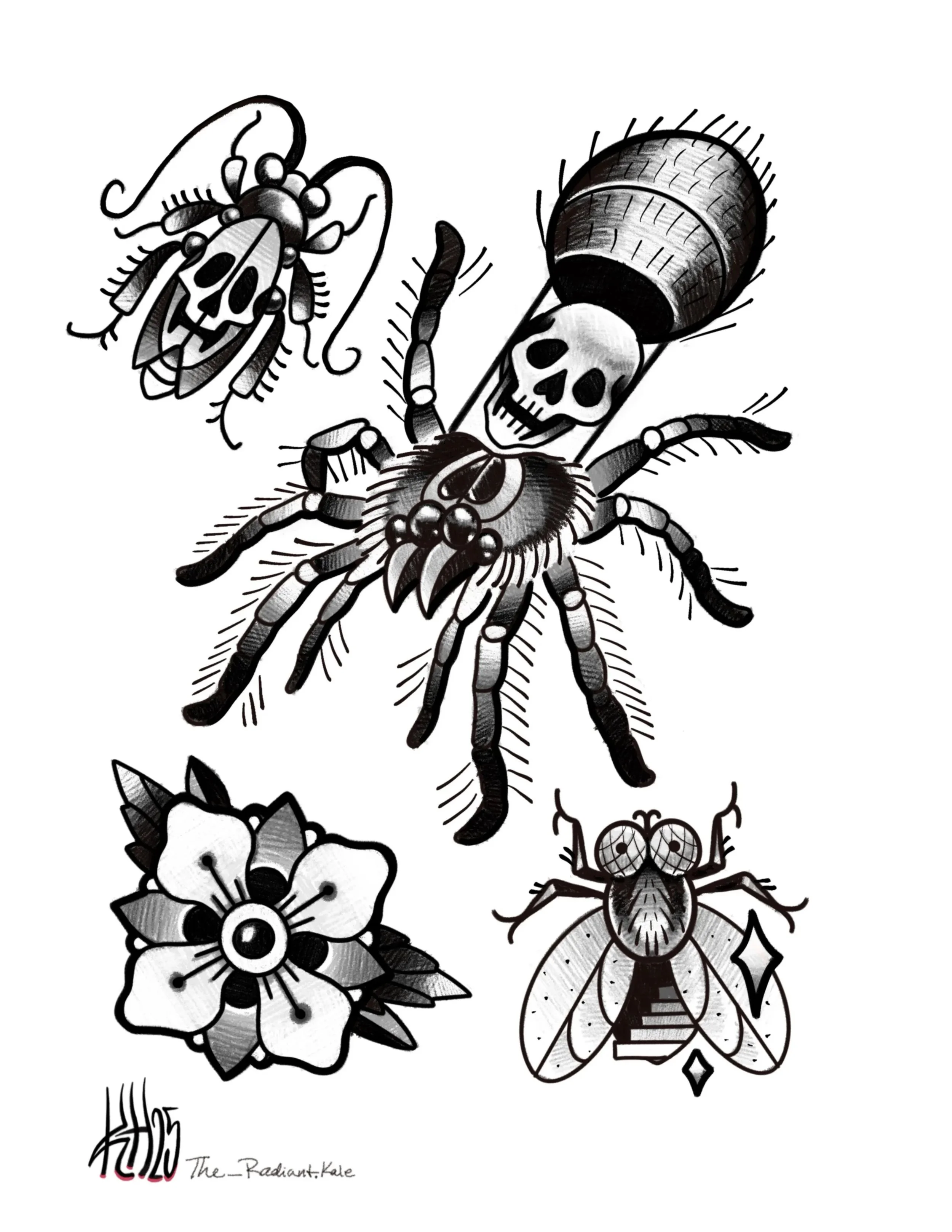 Black and white illustration of a spider with a skull face on its abdomen, wings, and multiple eyes, alongside a butterfly, a flower, and a bee with an intricate design.